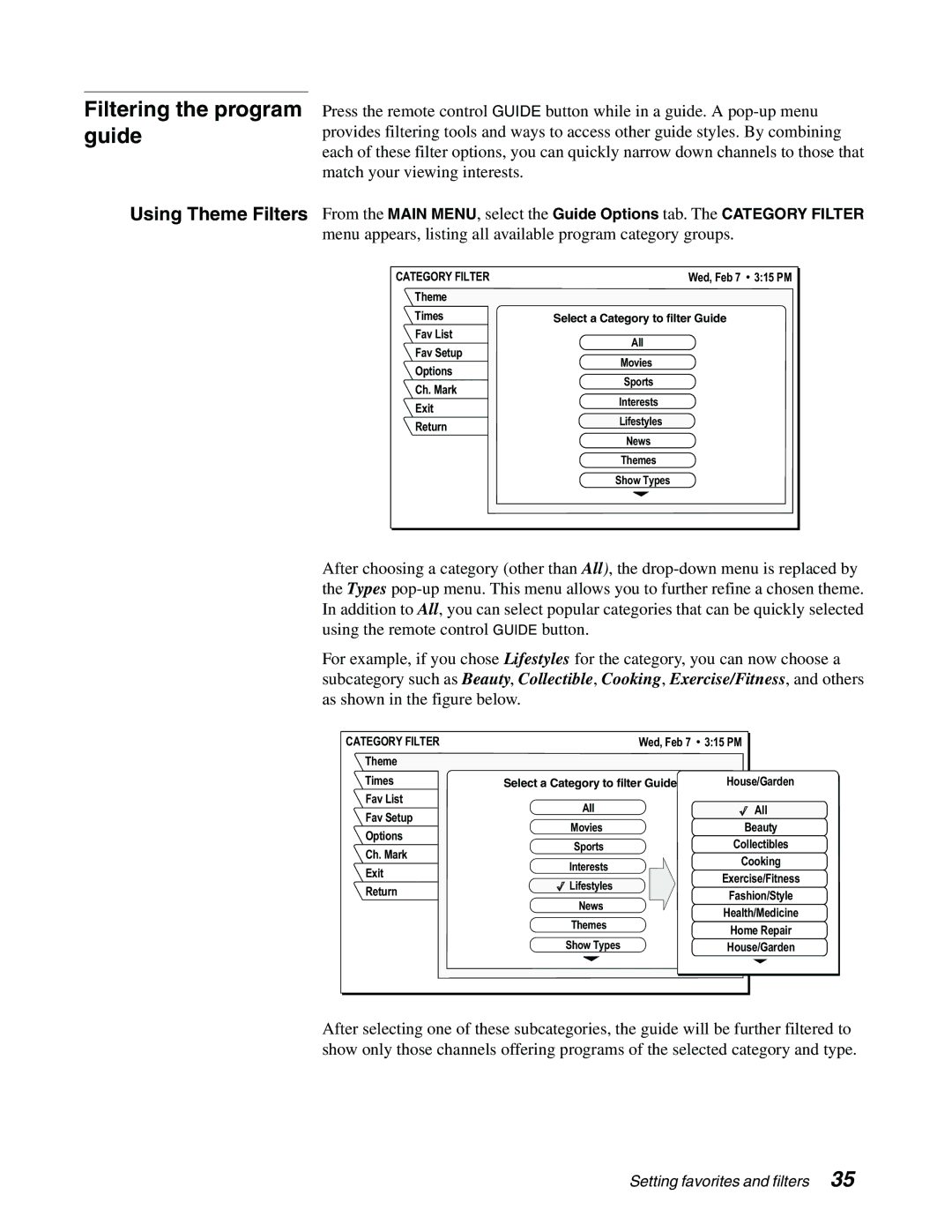 Sony SAT-A65A, SAT-B65A manual Filtering the program guide, Category Filter 