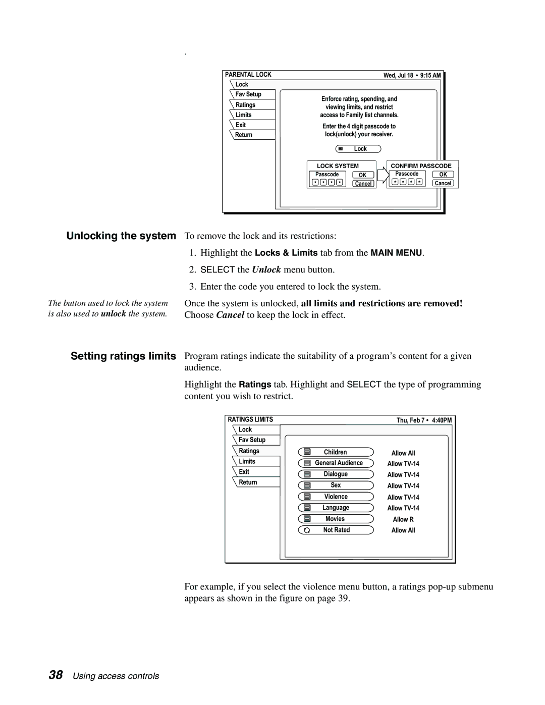 Sony SAT-B65A, SAT-A65A manual Unlocking the system, Setting ratings limits 