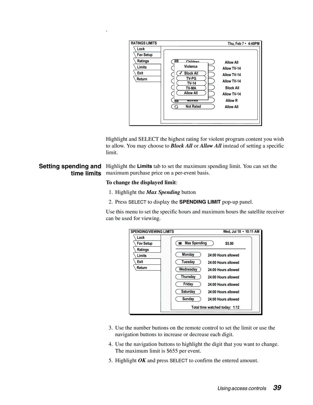 Sony SAT-A65A, SAT-B65A manual Setting spending and time limits, To change the displayed limit, Tv-Pg, Tv-Ma 