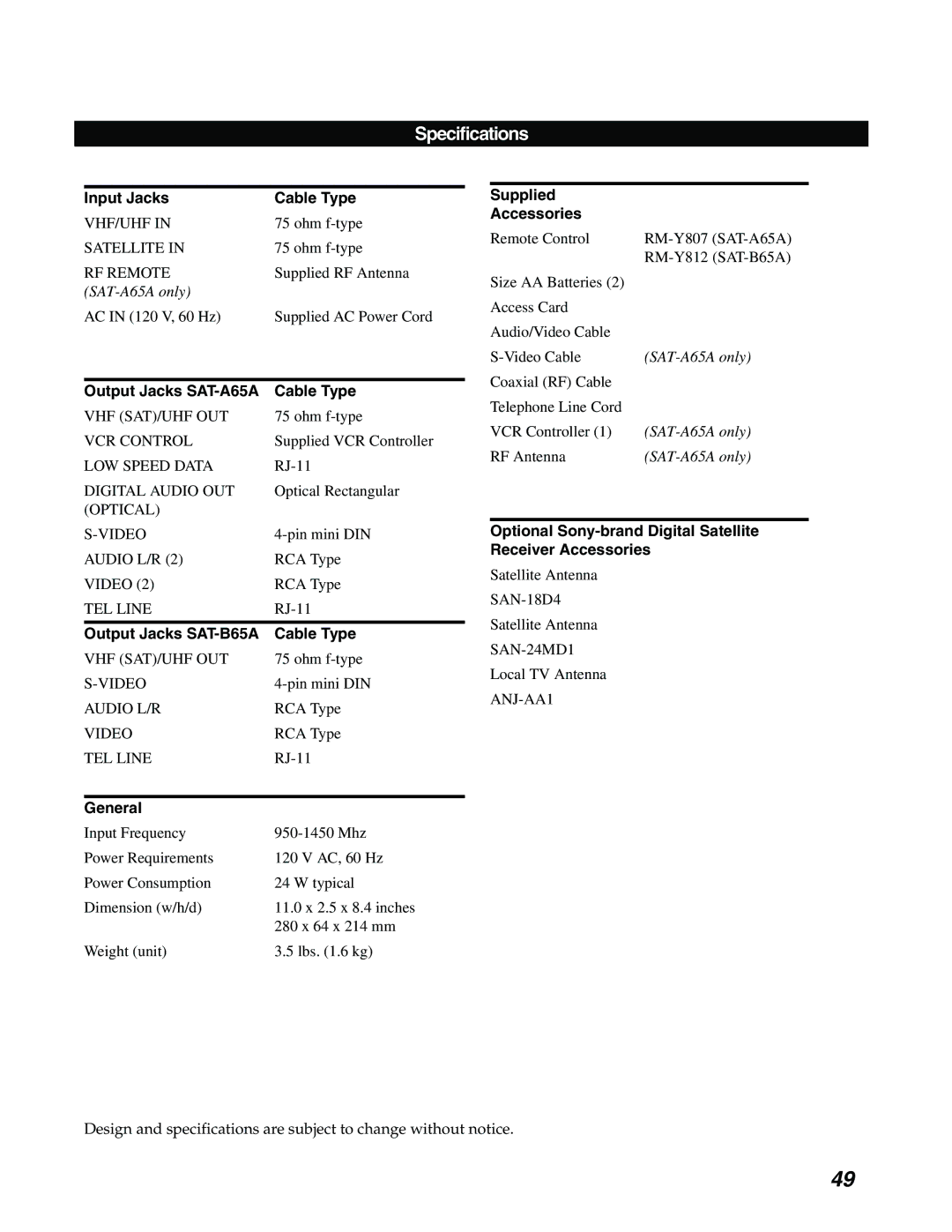 Sony SAT-A65A, SAT-B65A manual Specifications 