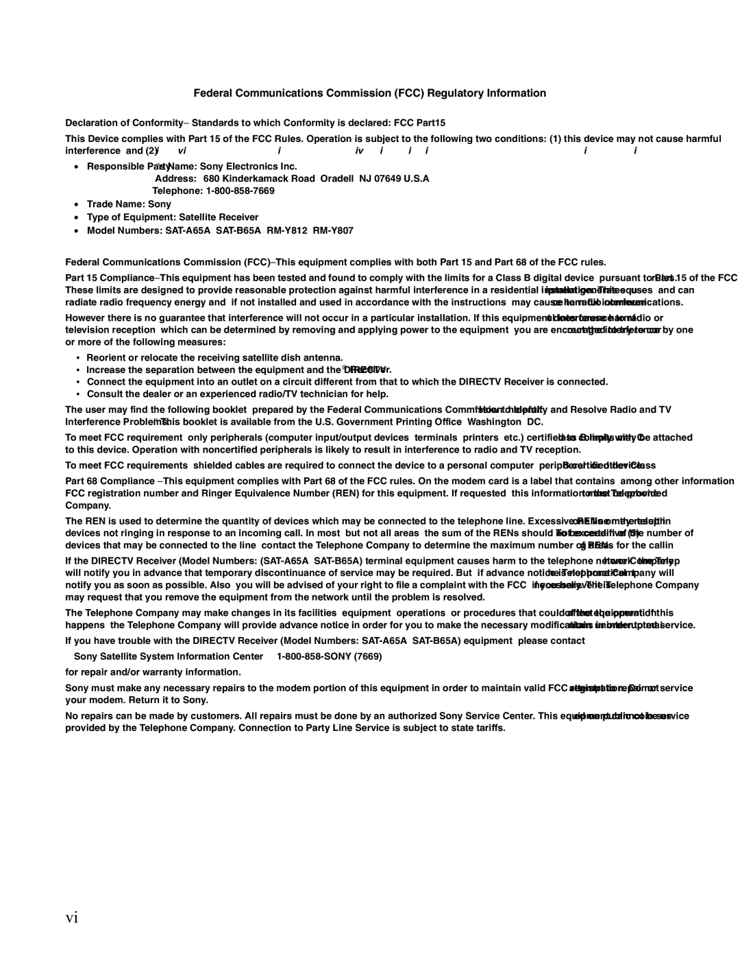 Sony SAT-B65A, SAT-A65A manual Federal Communications Commission FCC Regulatory Information 