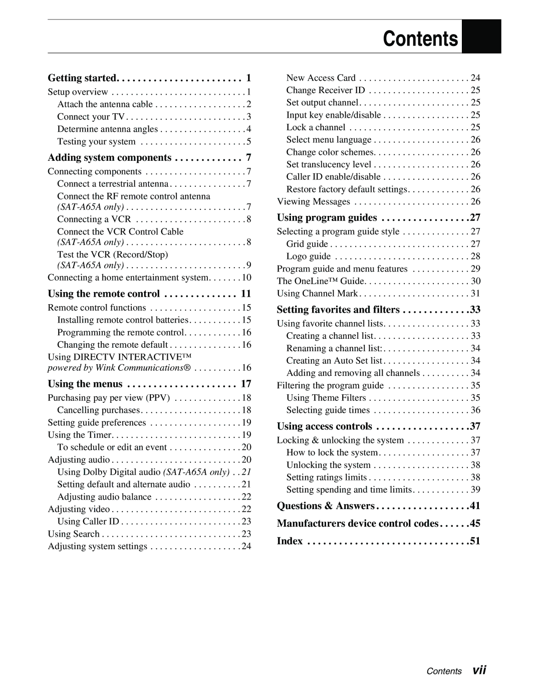 Sony SAT-A65A, SAT-B65A manual Contents 