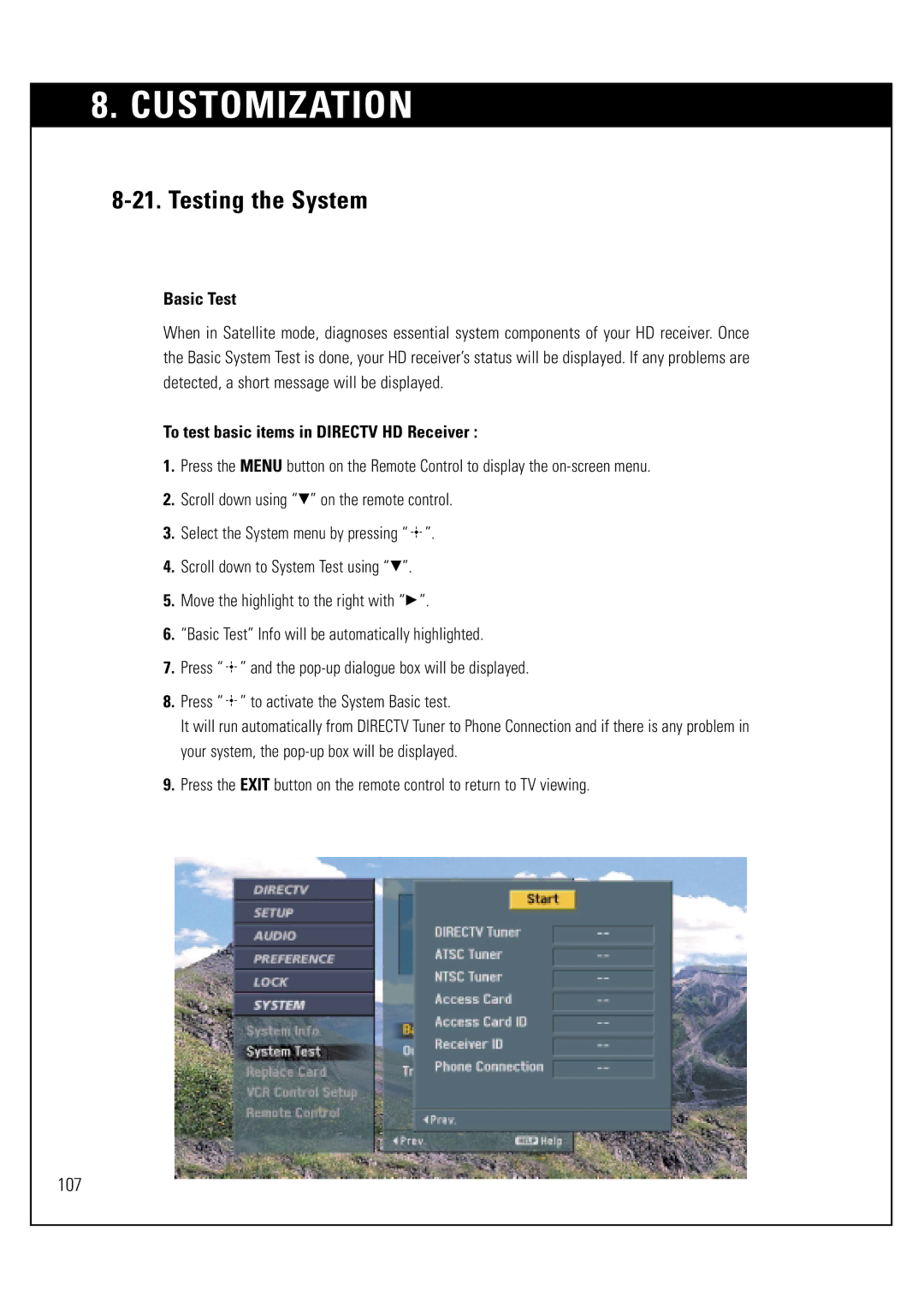 Sony SAT-HD300 operating instructions Testing the System, Basic Test, To test basic items in Directv HD Receiver 