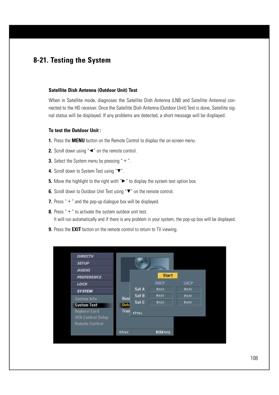 Sony SAT-HD300 operating instructions Satellite Dish Antenna Outdoor Unit Test, To test the Outdoor Unit 