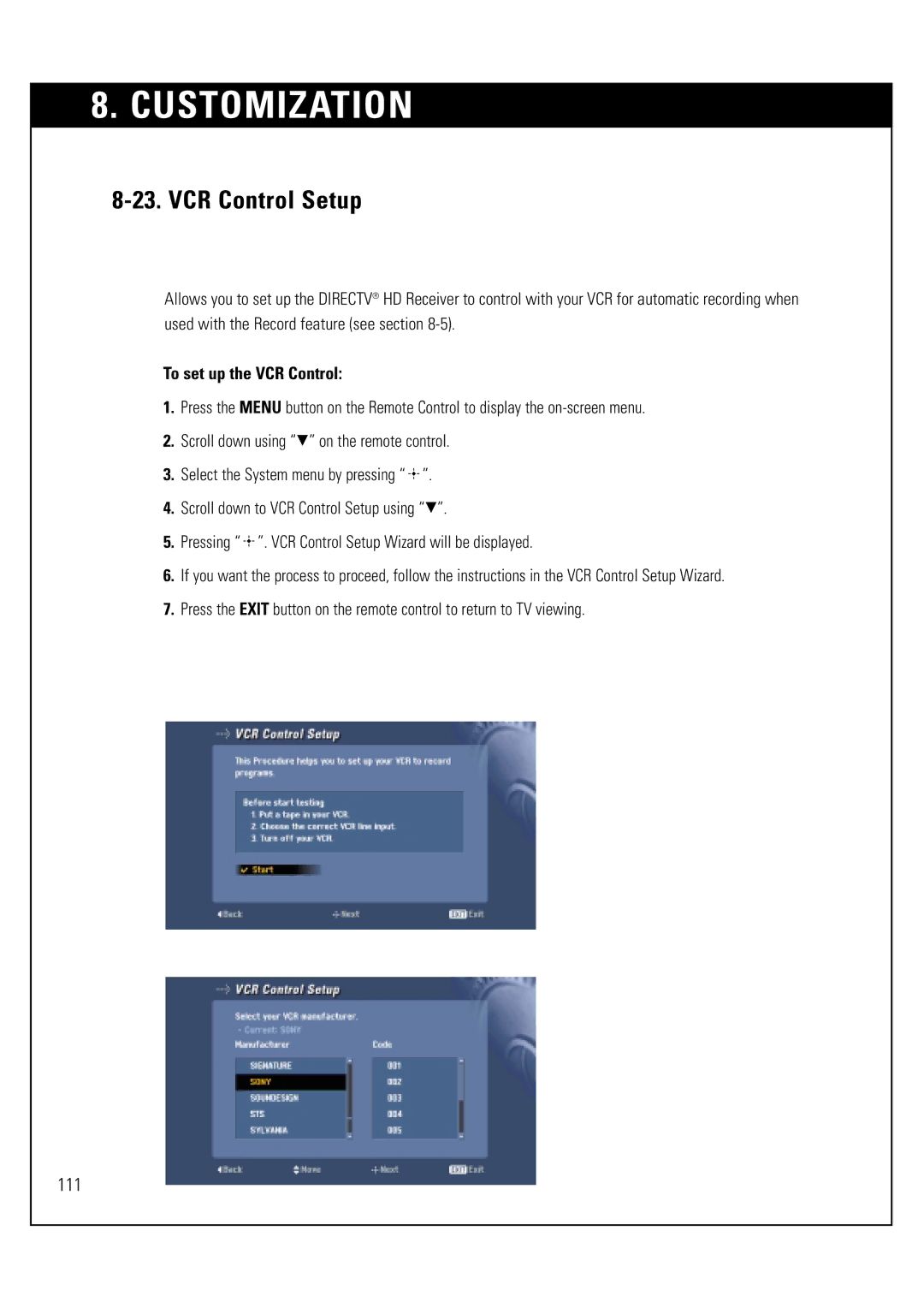 Sony SAT-HD300 operating instructions VCR Control Setup, To set up the VCR Control 