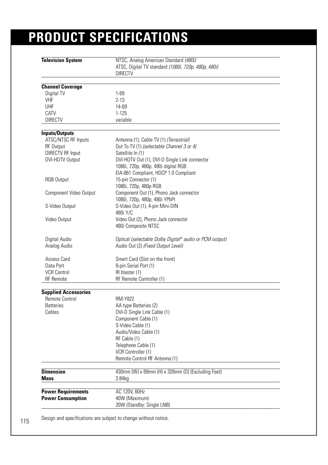 Sony SAT-HD300 operating instructions Product Specifications, Inputs/Outputs 