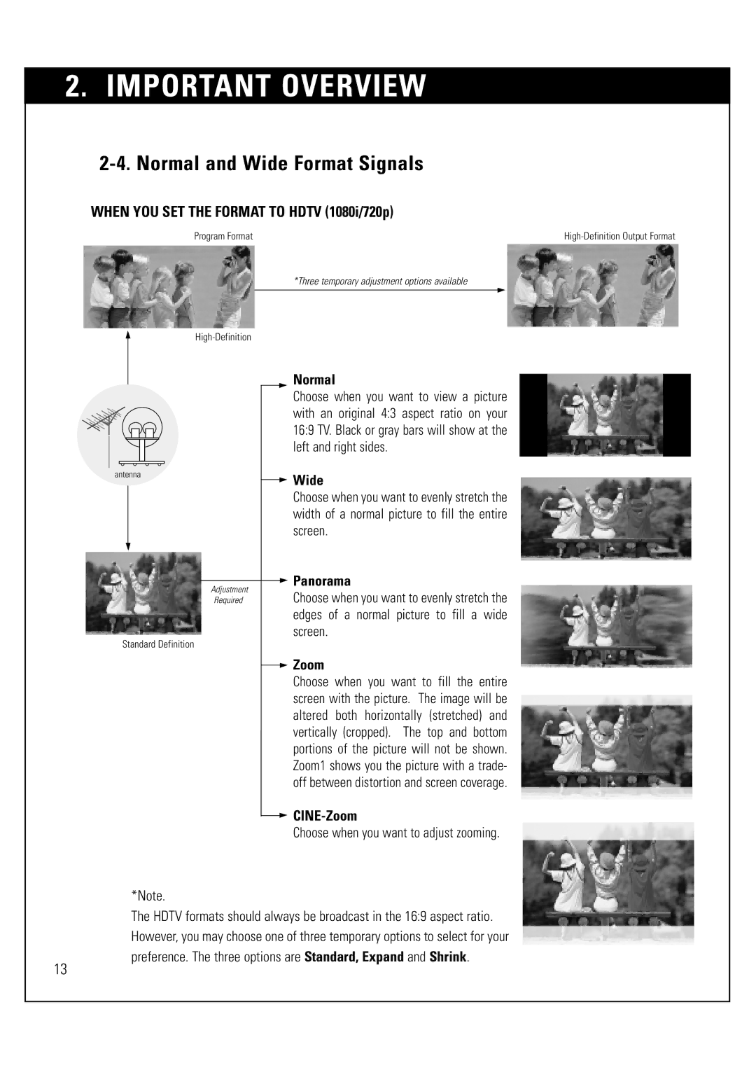 Sony SAT-HD300 operating instructions Normal, Wide, Panorama, CINE-Zoom 