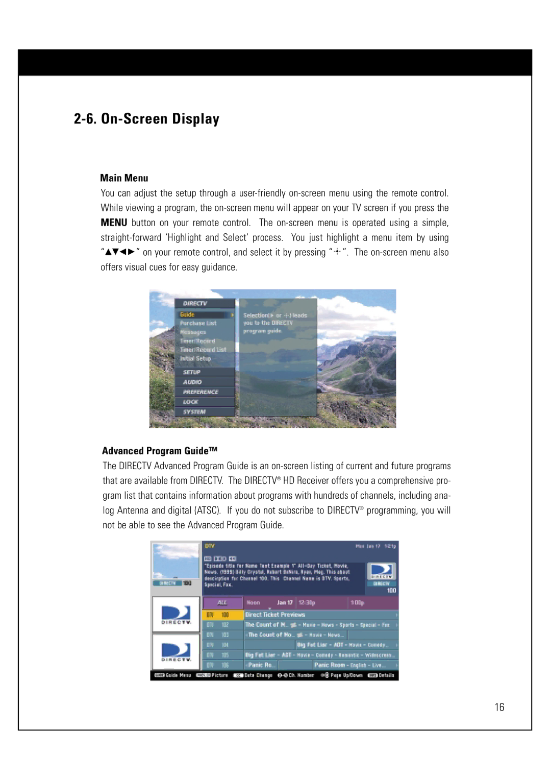 Sony SAT-HD300 operating instructions On-Screen Display, Main Menu, Advanced Program Guide 