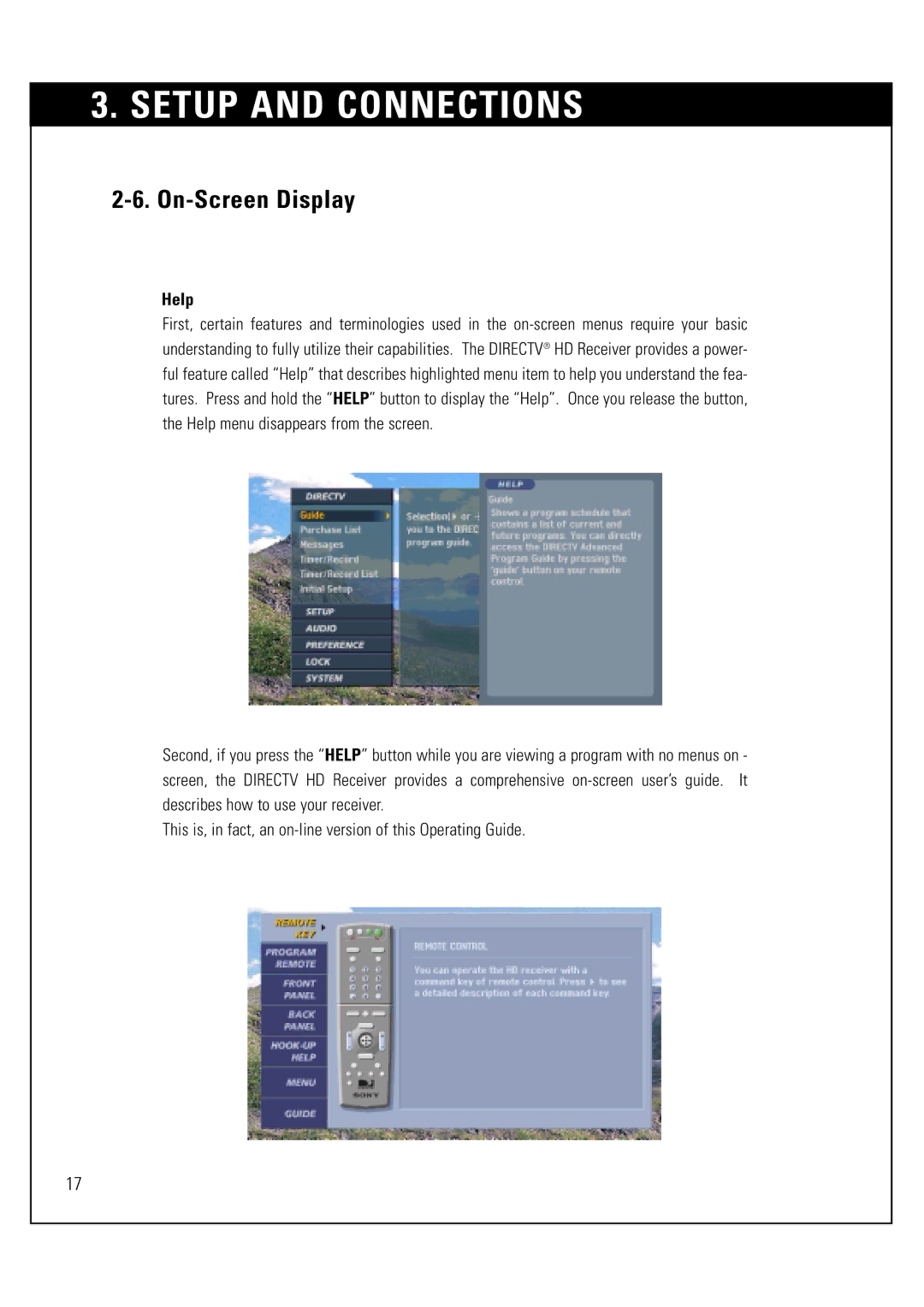 Sony SAT-HD300 operating instructions Setup and Connections, Help 