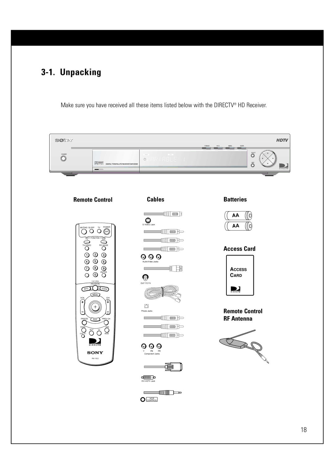 Sony SAT-HD300 operating instructions Unpacking, Remote Control, Batteries Access Card 