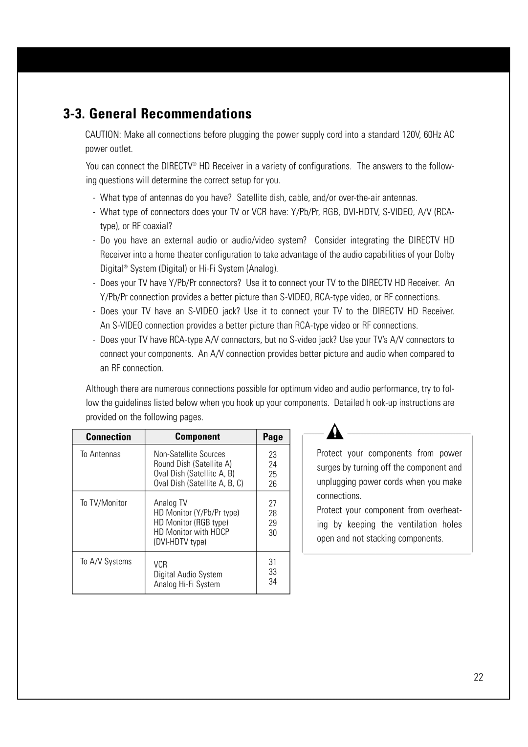 Sony SAT-HD300 General Recommendations, Connection Component, Connections, Ing by keeping the ventilation holes 