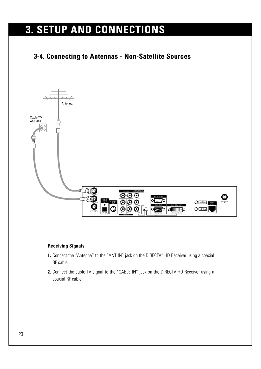 Sony SAT-HD300 operating instructions Connecting to Antennas Non-Satellite Sources, Receiving Signals 