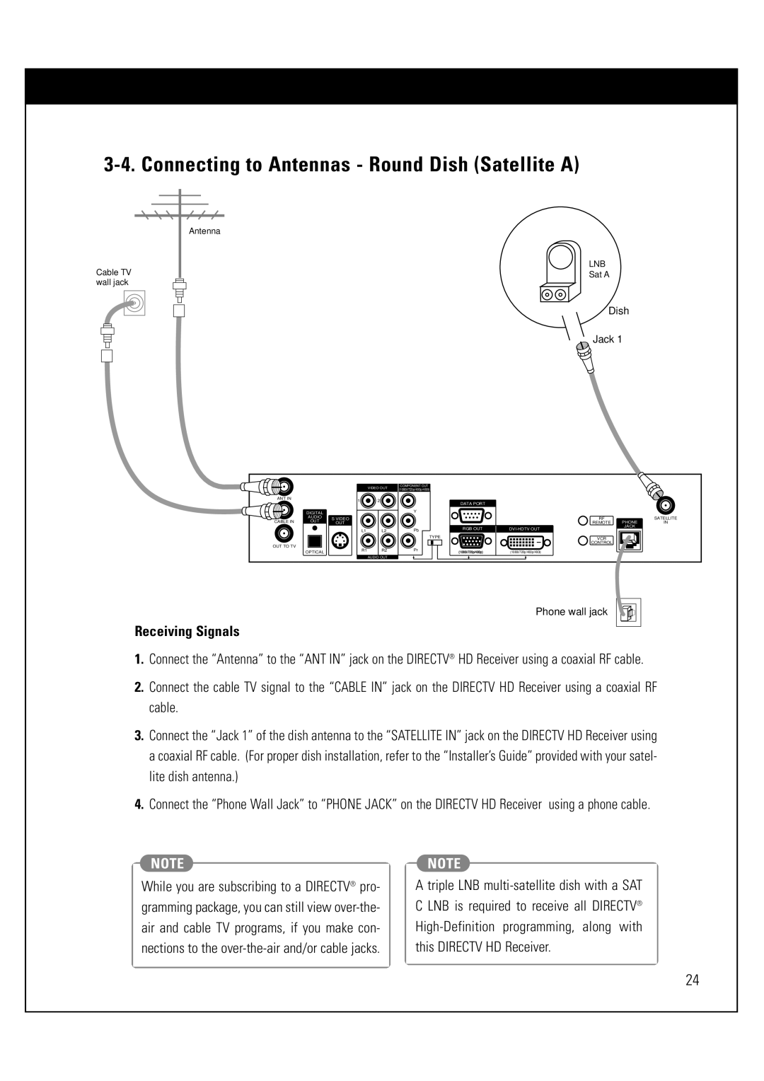 Sony SAT-HD300 operating instructions Connecting to Antennas Round Dish Satellite a, Dish Jack 