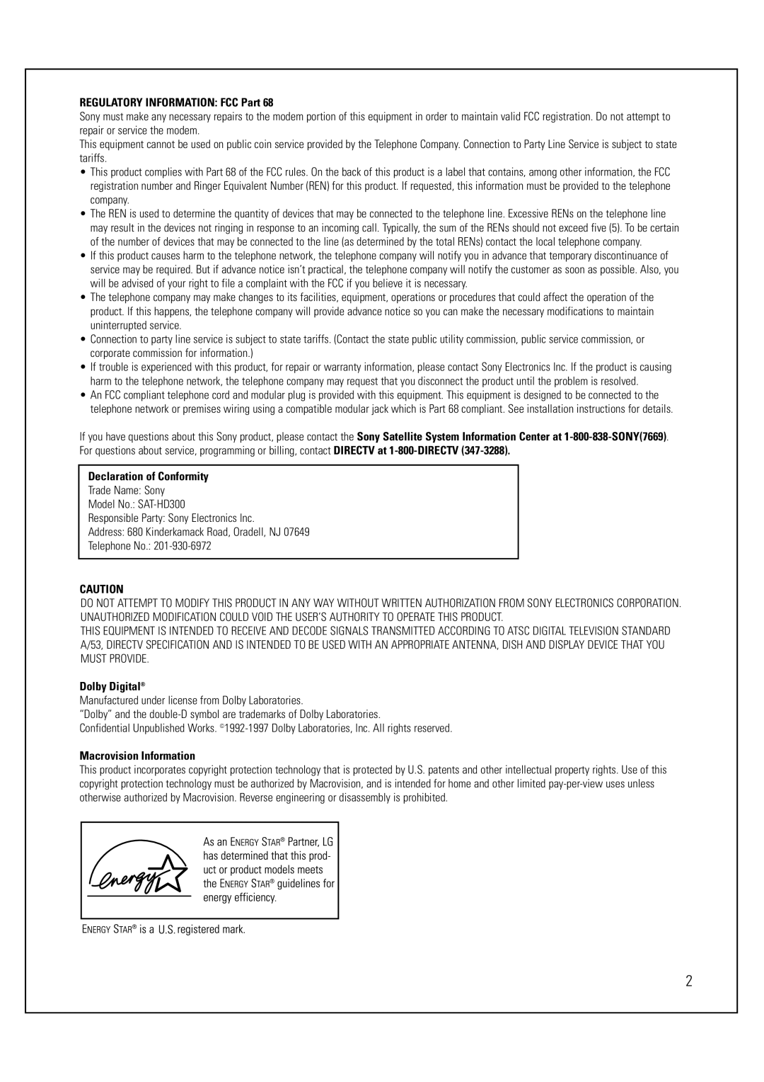 Sony SAT-HD300 operating instructions Regulatory Information FCC Part 