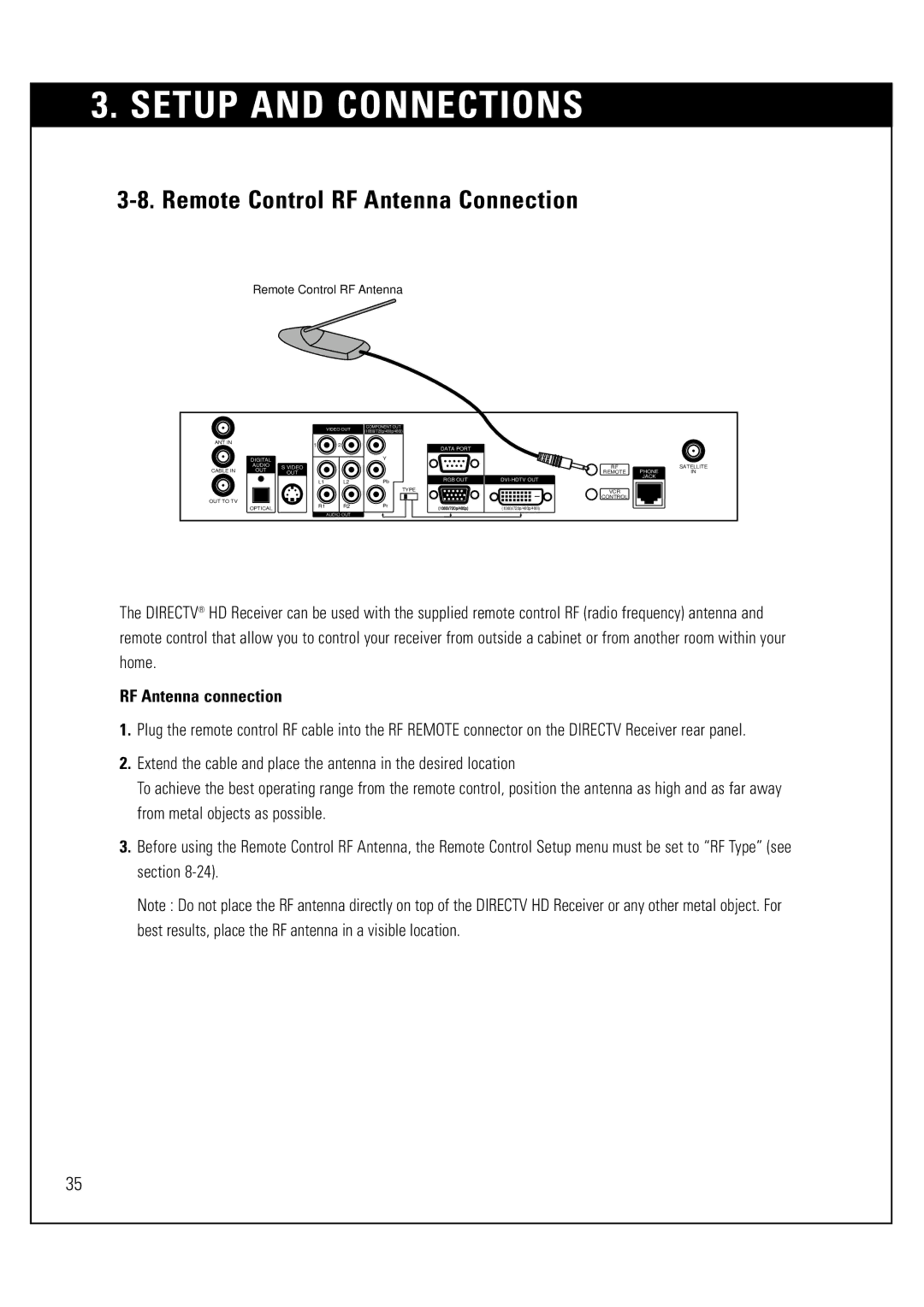 Sony SAT-HD300 operating instructions Remote Control RF Antenna Connection, RF Antenna connection 