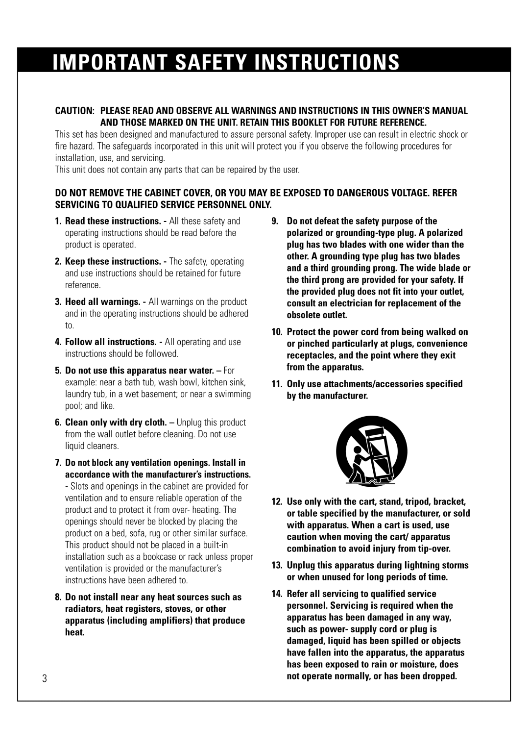 Sony SAT-HD300 operating instructions Important Safety Instructions 