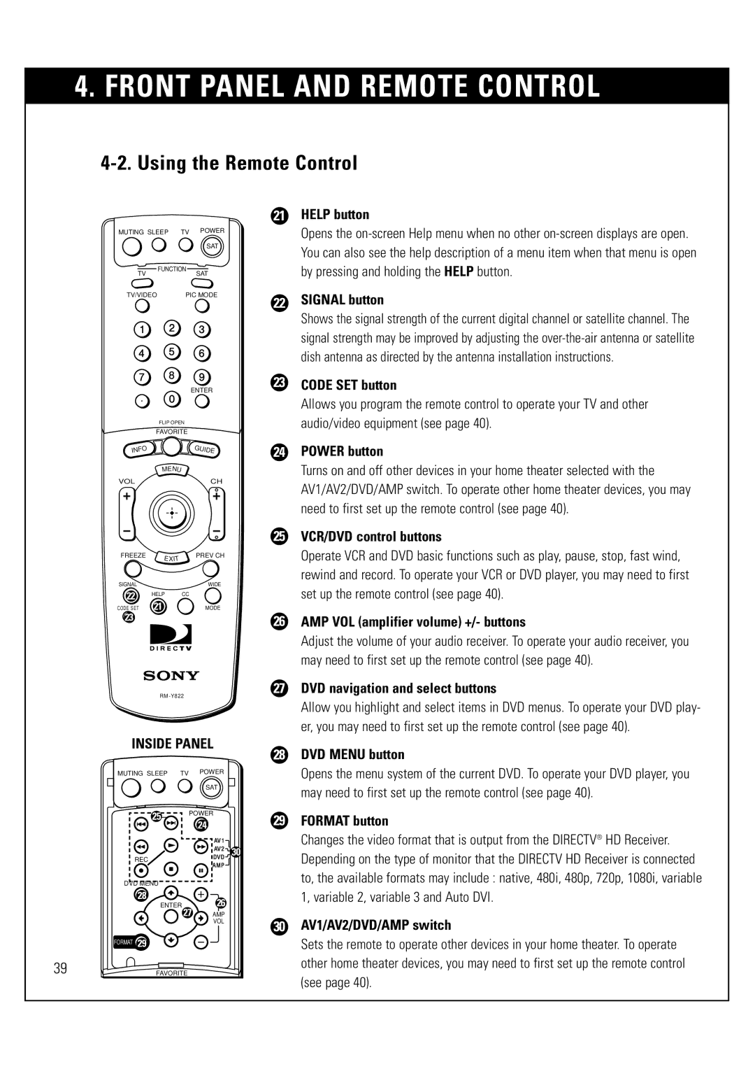 Sony SAT-HD300 Help button, Signal button, Code SET button, Power button, 25 VCR/DVD control buttons, DVD Menu button 