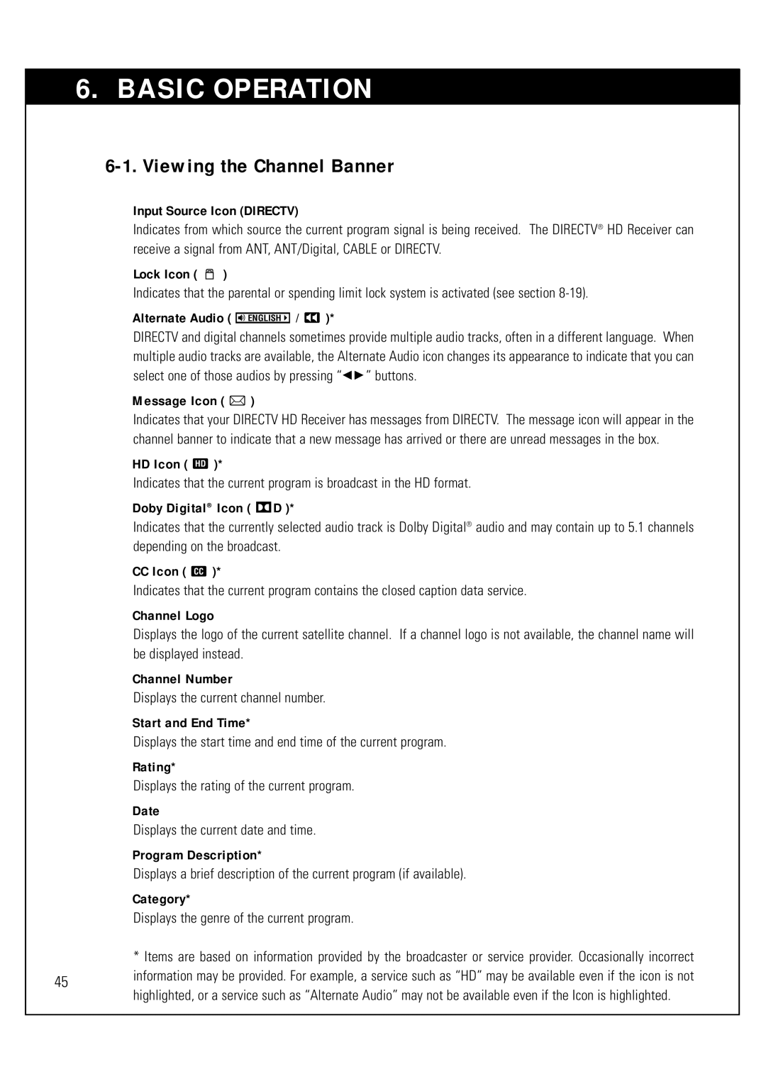 Sony SAT-HD300 Input Source Icon Directv, Lock Icon, Alternate Audio English, Message Icon, HD Icon HD, CC Icon CC, Rating 