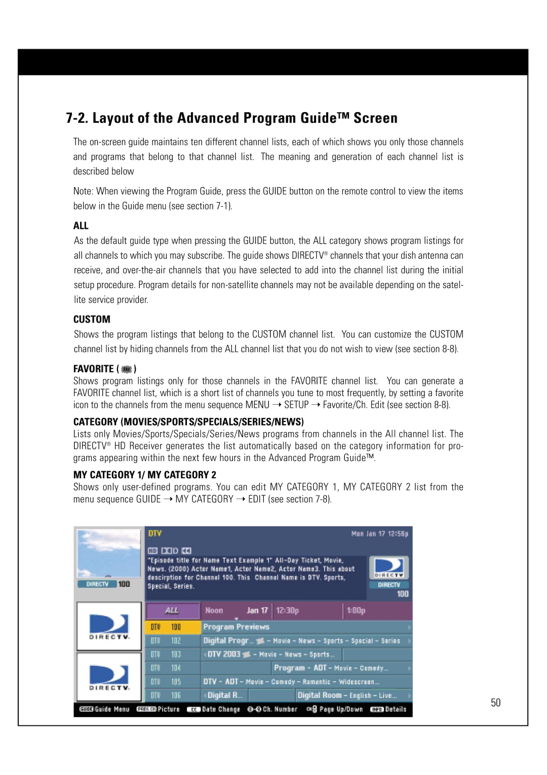 Sony SAT-HD300 operating instructions Layout of the Advanced Program Guide Screen, All 