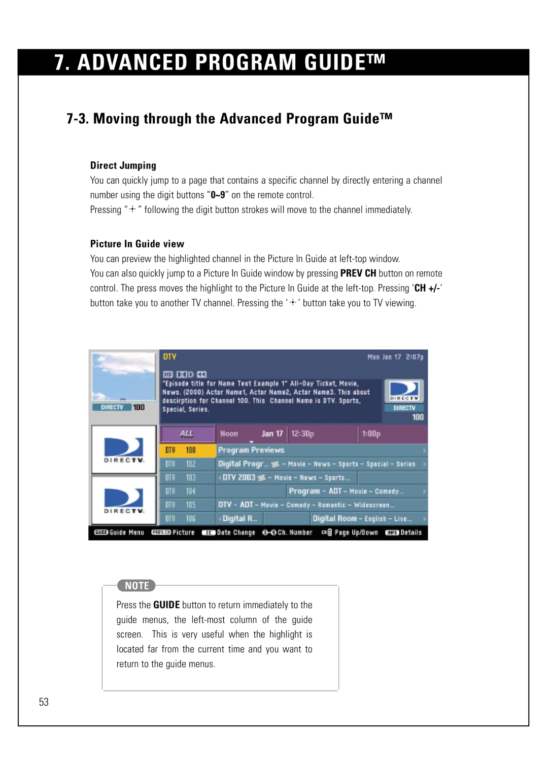 Sony SAT-HD300 operating instructions Direct Jumping, Picture In Guide view 