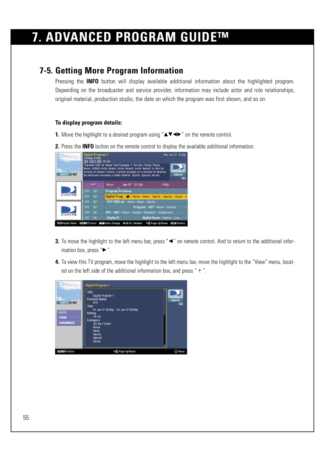 Sony SAT-HD300 operating instructions Getting More Program Information, To display program details 