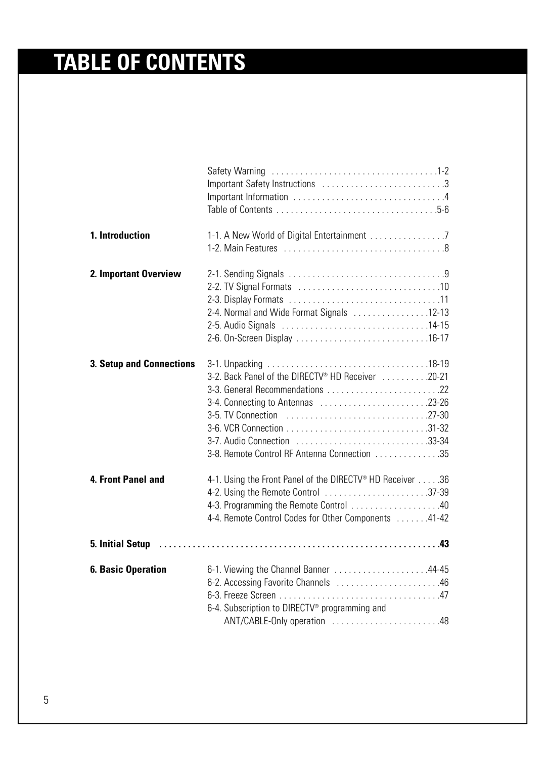 Sony SAT-HD300 operating instructions Table of Contents 