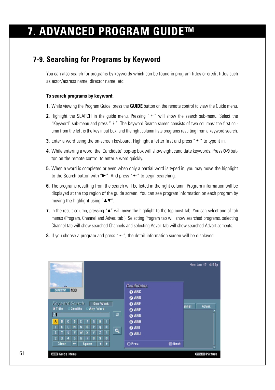 Sony SAT-HD300 operating instructions Searching for Programs by Keyword, To search programs by keyword 