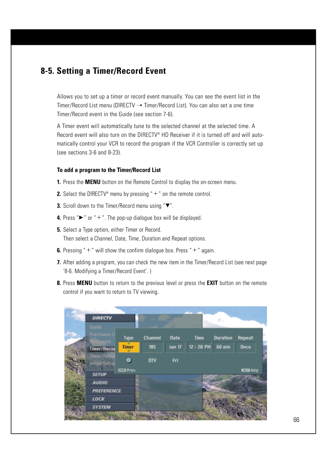 Sony SAT-HD300 operating instructions Setting a Timer/Record Event, To add a program to the Timer/Record List 