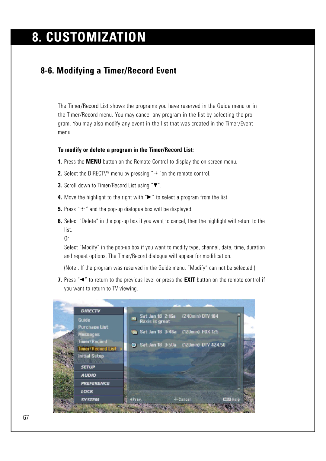 Sony SAT-HD300 Modifying a Timer/Record Event, To modify or delete a program in the Timer/Record List 