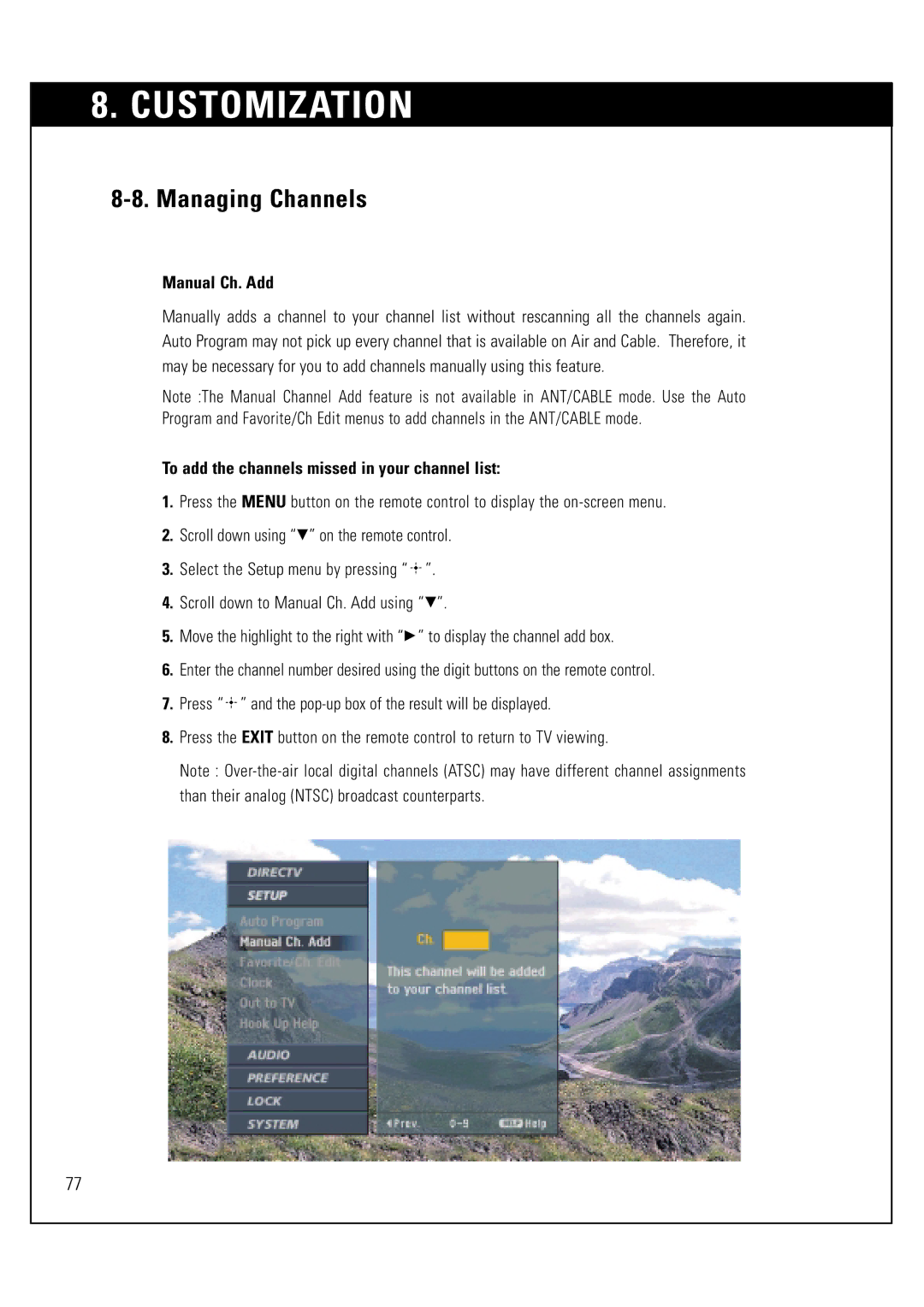 Sony SAT-HD300 operating instructions Manual Ch. Add, To add the channels missed in your channel list 