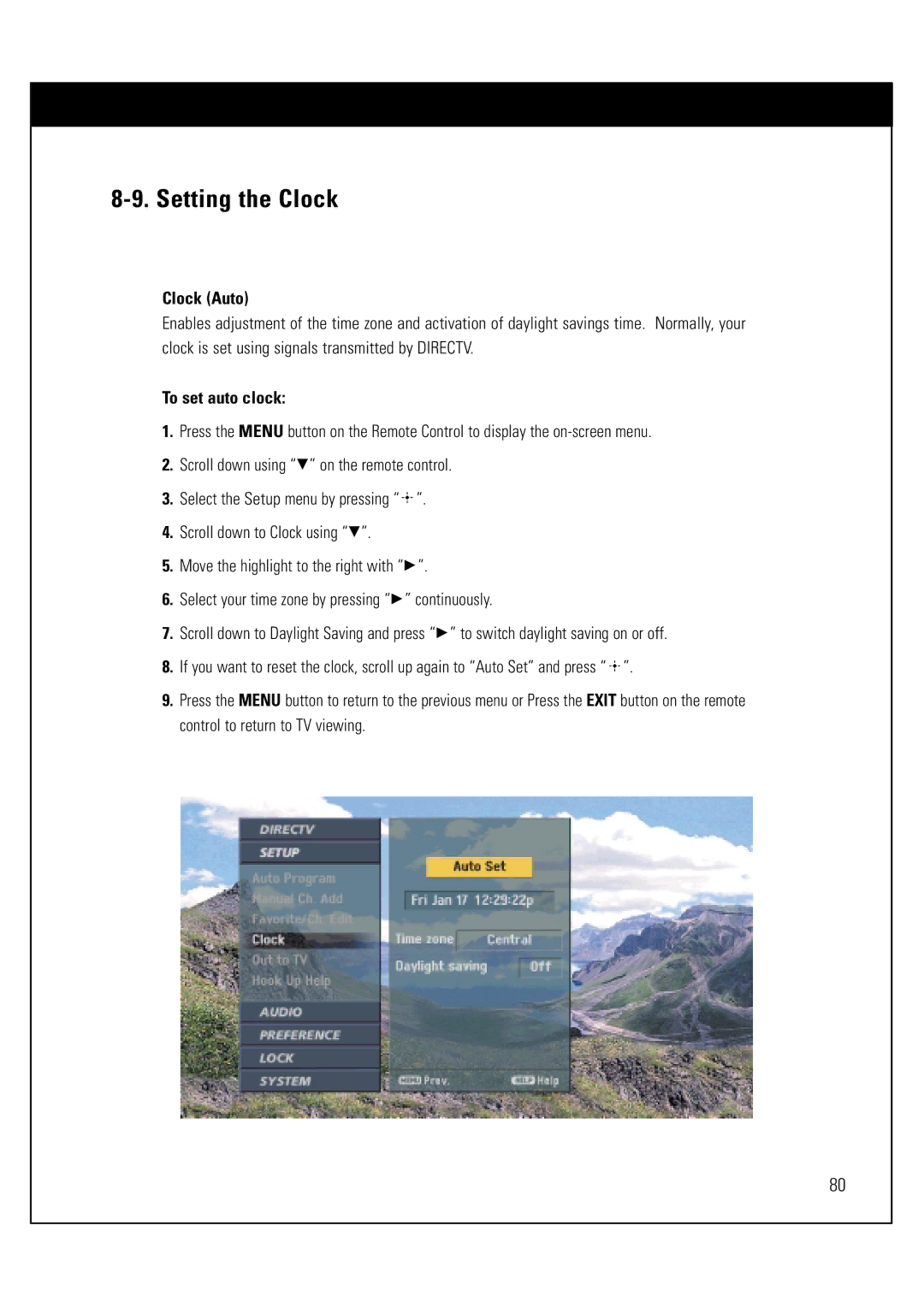 Sony SAT-HD300 operating instructions Setting the Clock, Clock Auto, To set auto clock 