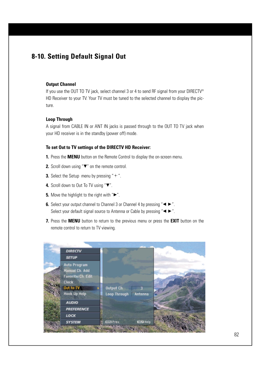 Sony SAT-HD300 operating instructions Setting Default Signal Out, Output Channel, Loop Through 