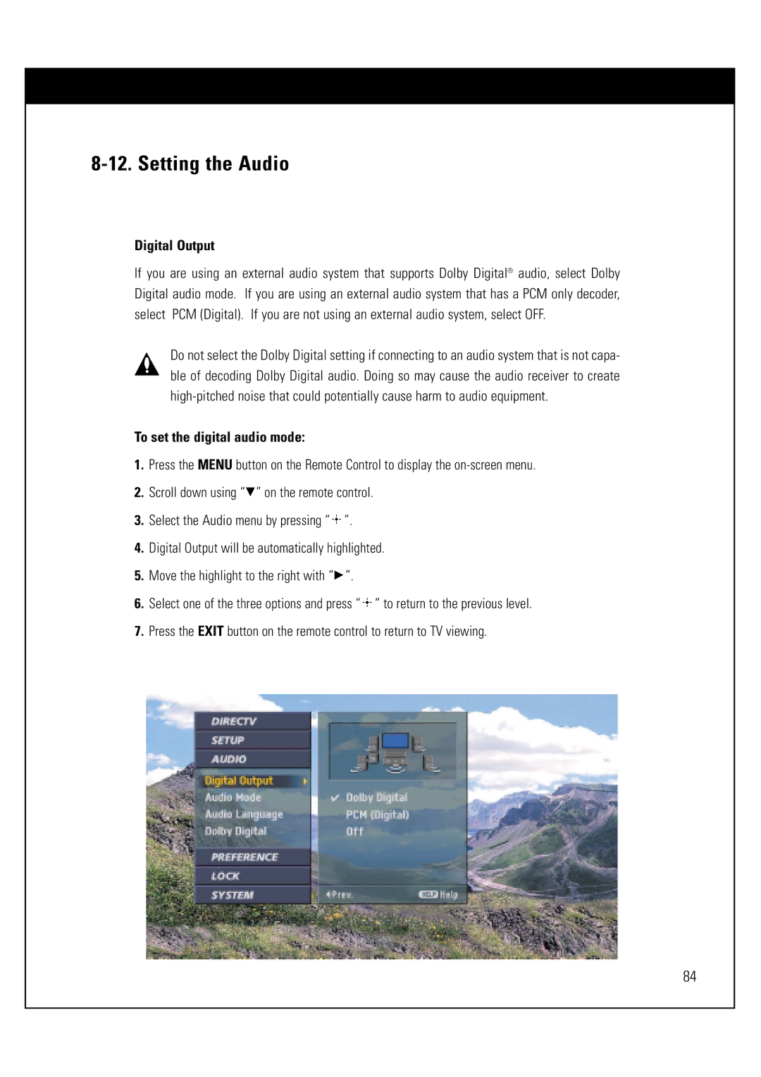 Sony SAT-HD300 operating instructions Setting the Audio, Digital Output, To set the digital audio mode 