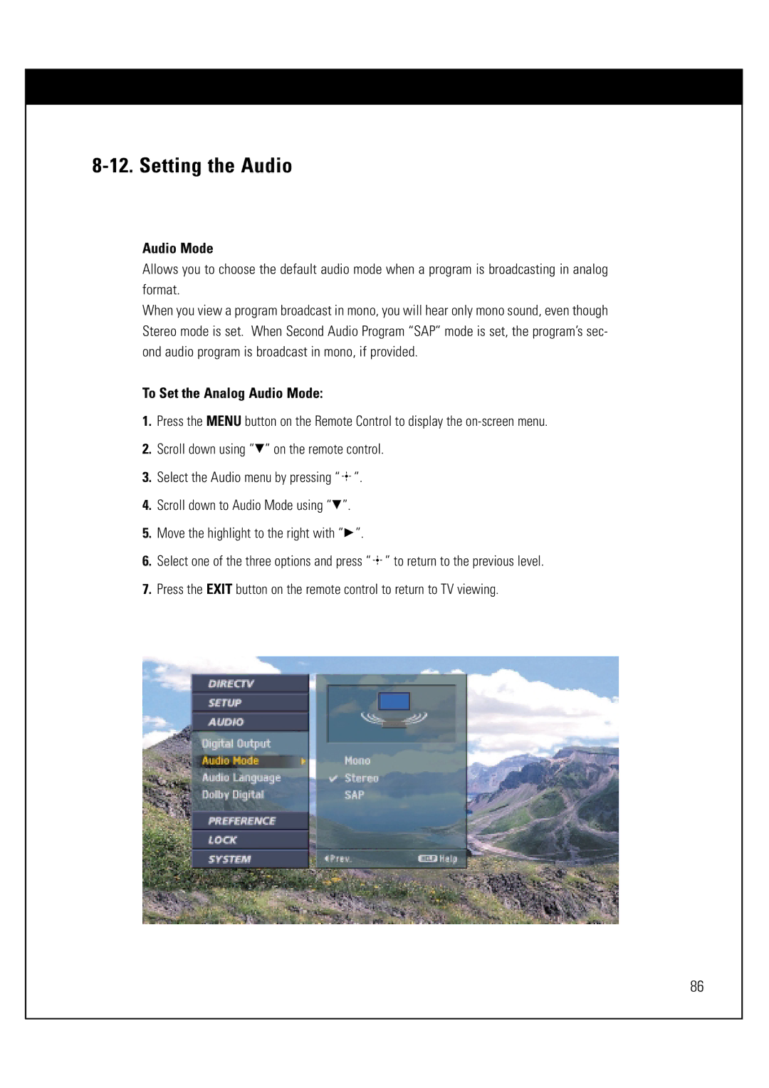 Sony SAT-HD300 operating instructions To Set the Analog Audio Mode 