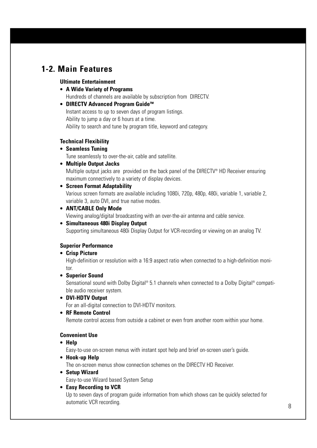 Sony SAT-HD300 operating instructions Main Features 