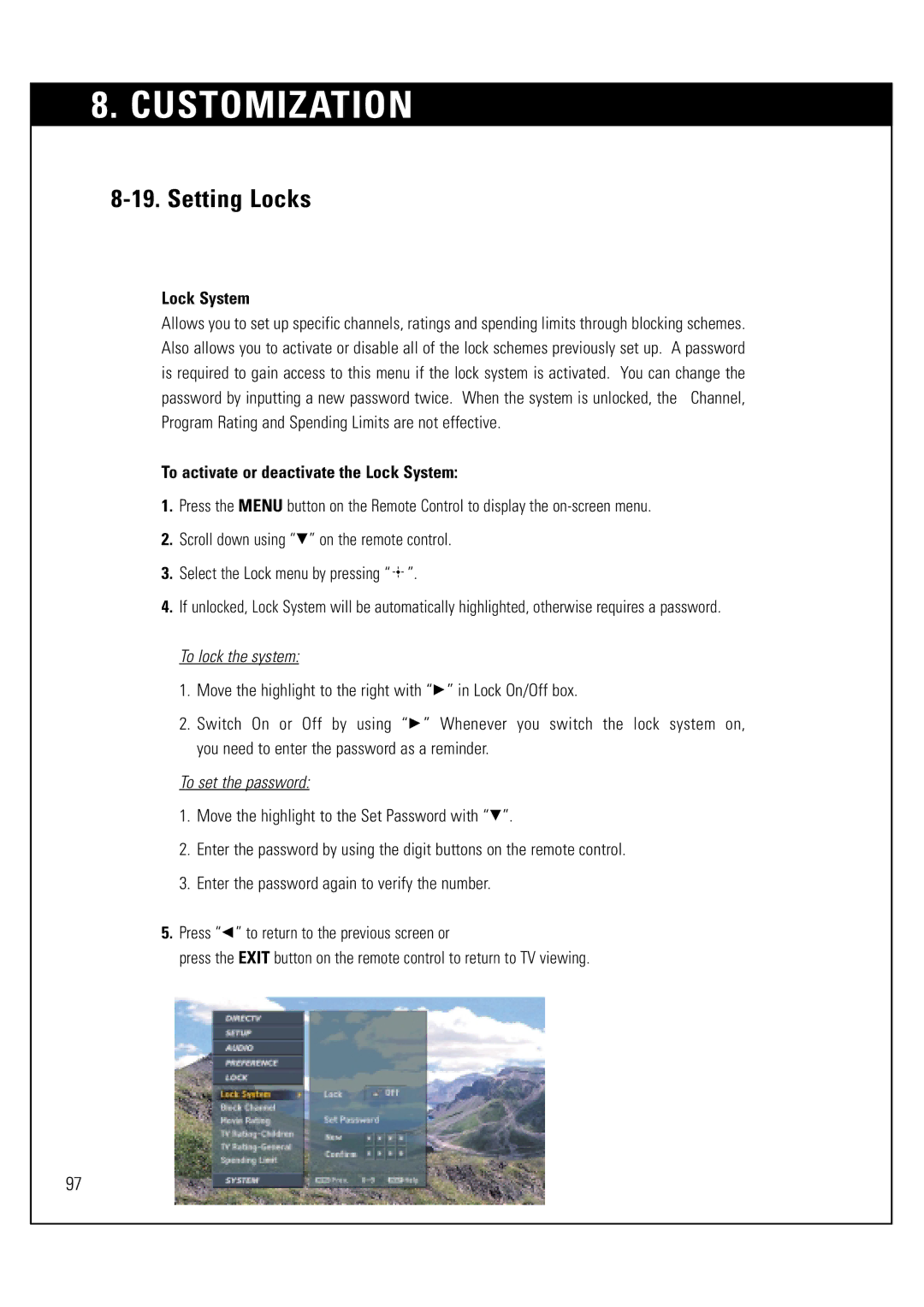 Sony SAT-HD300 operating instructions Setting Locks, To activate or deactivate the Lock System 