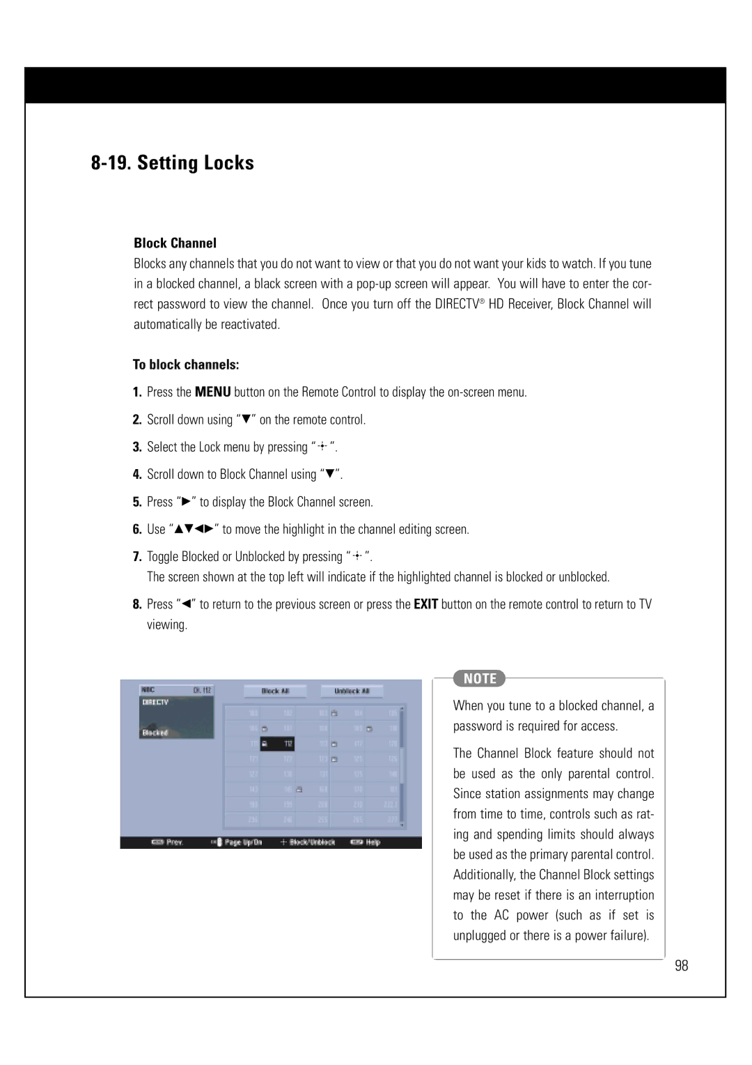 Sony SAT-HD300 operating instructions Block Channel, To block channels 