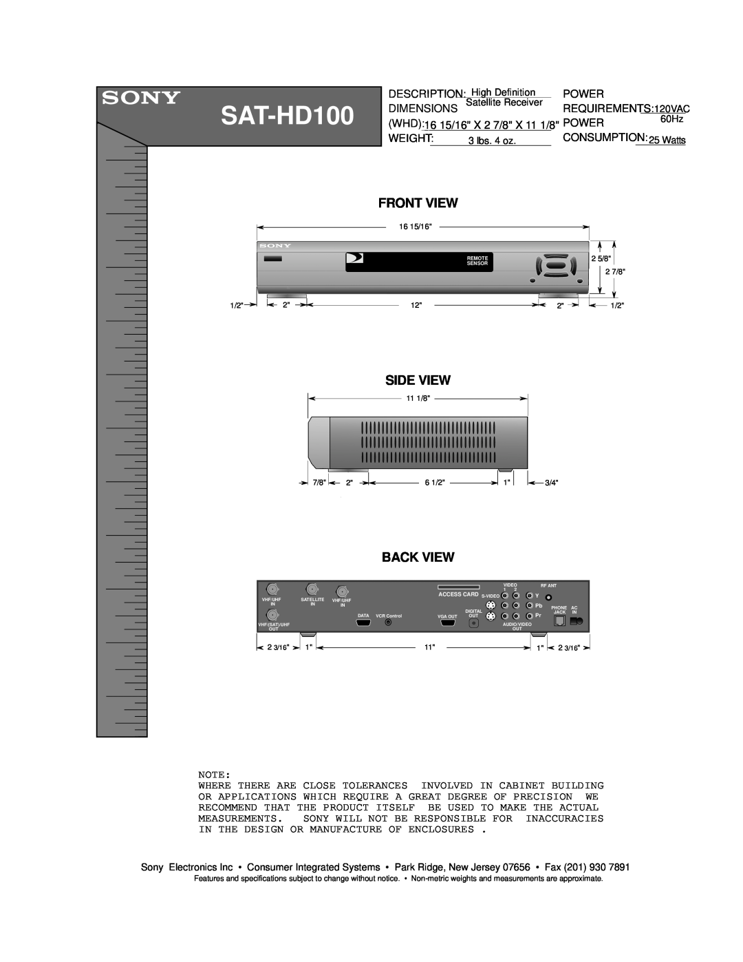 Sony SAT-HD100, Satellite Radio dimensions Front View, Side View, Back View, Model, Description, Weight 
