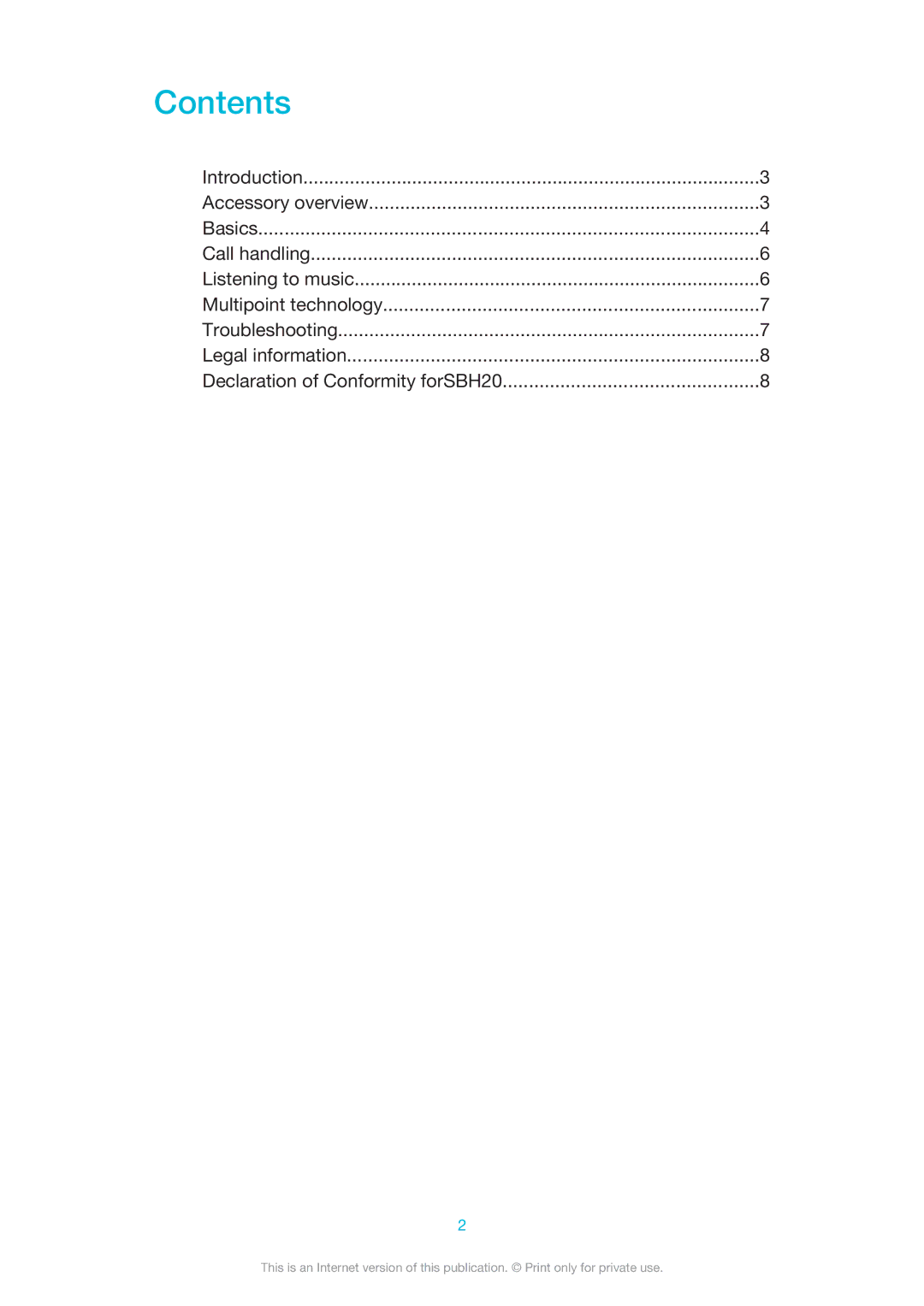 Sony SBH20 manual Contents 