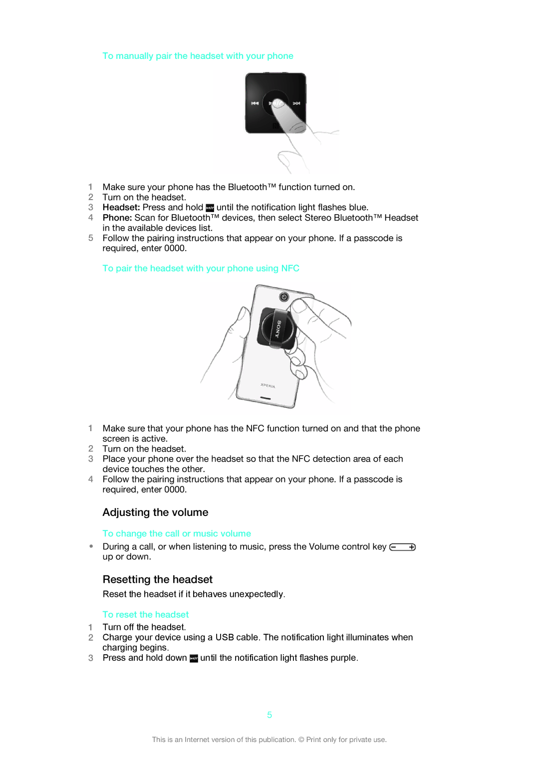 Sony SBH20 manual Adjusting the volume, Resetting the headset 