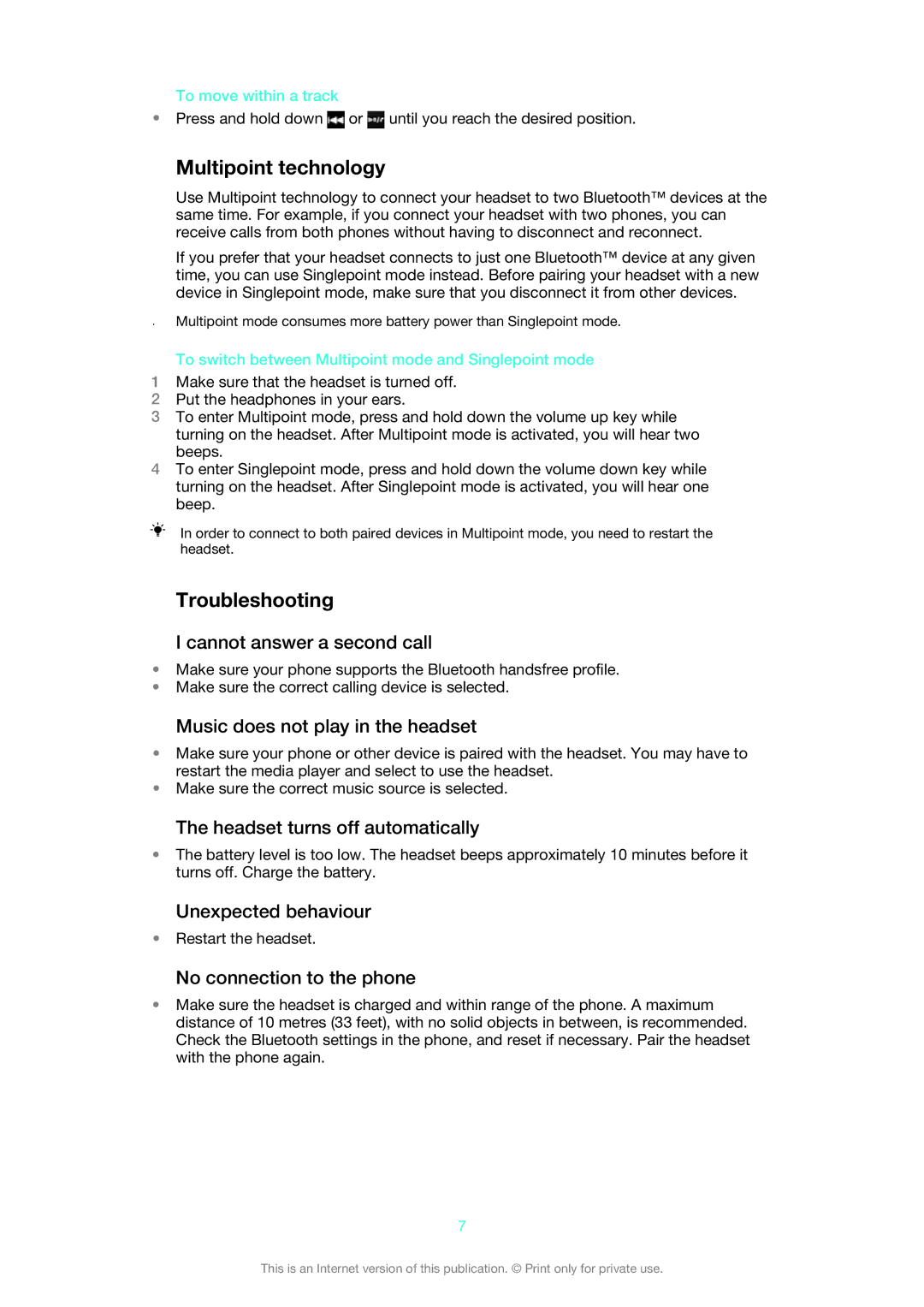 Sony SBH20 manual Multipoint technology, Troubleshooting 