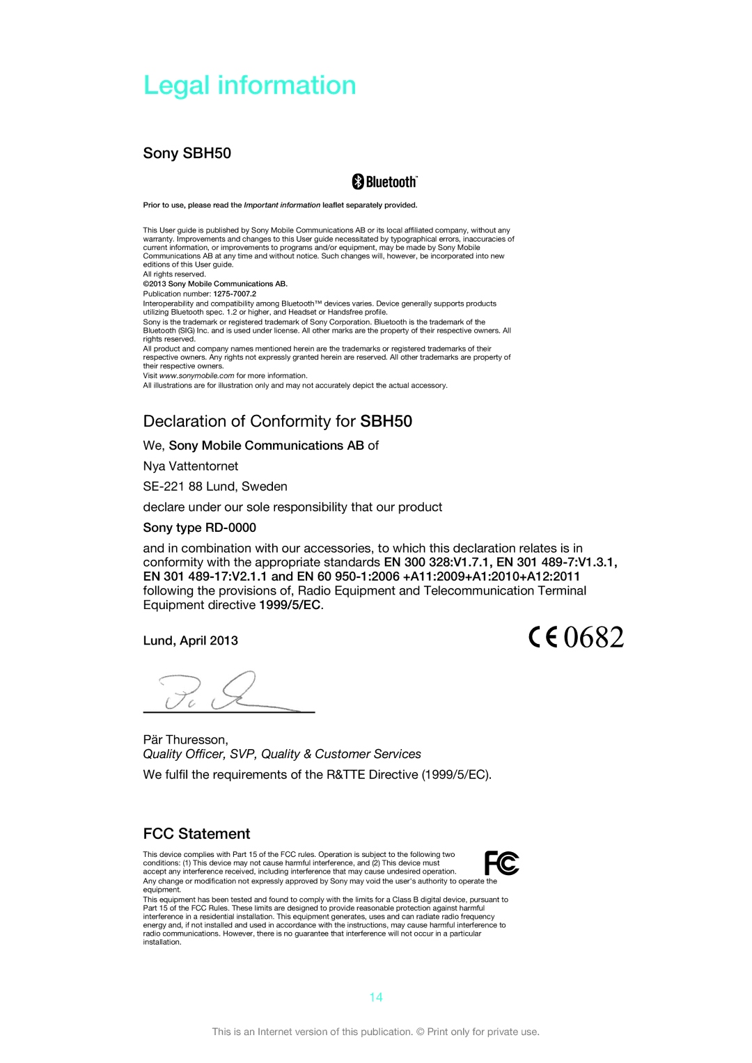 Sony manual Legal information, Declaration of Conformity for SBH50 