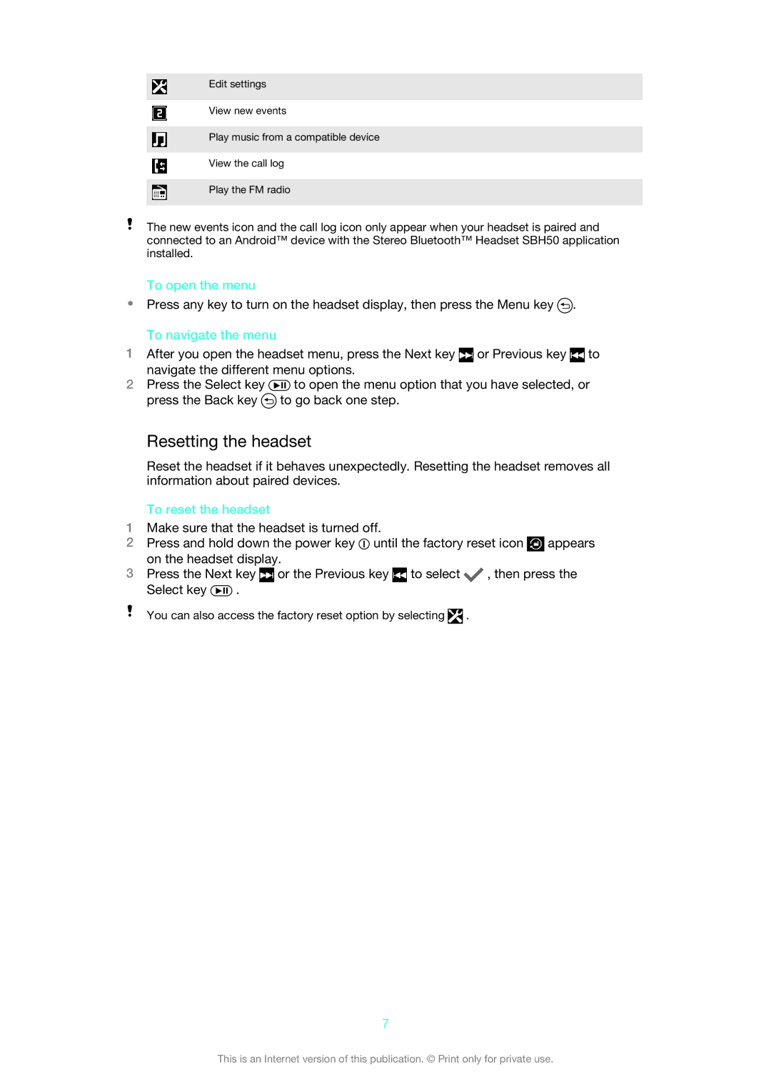 Sony SBH50 manual Resetting the headset, To open the menu, To navigate the menu, To reset the headset 