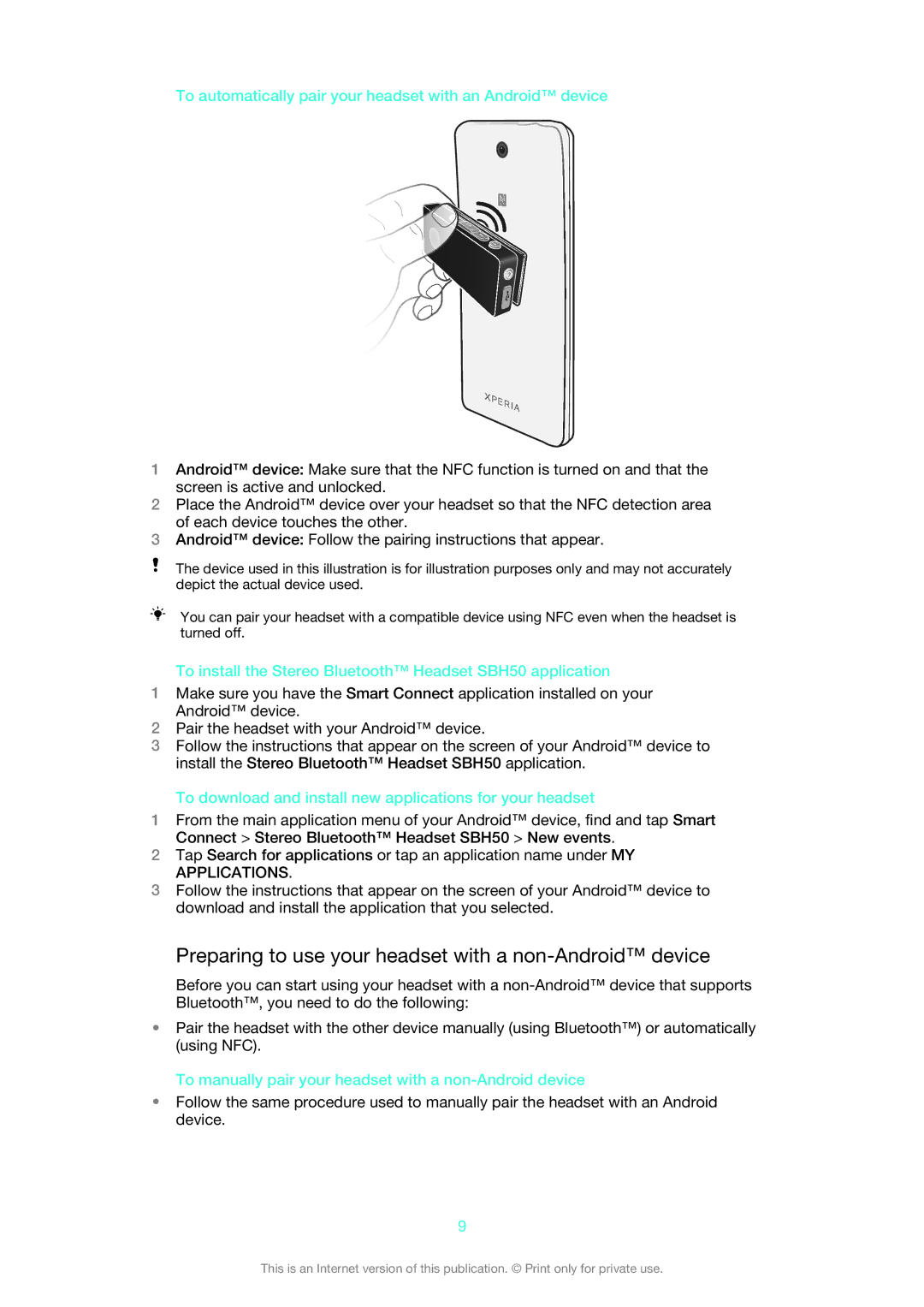 Sony SBH50 manual Preparing to use your headset with a non-Android device 