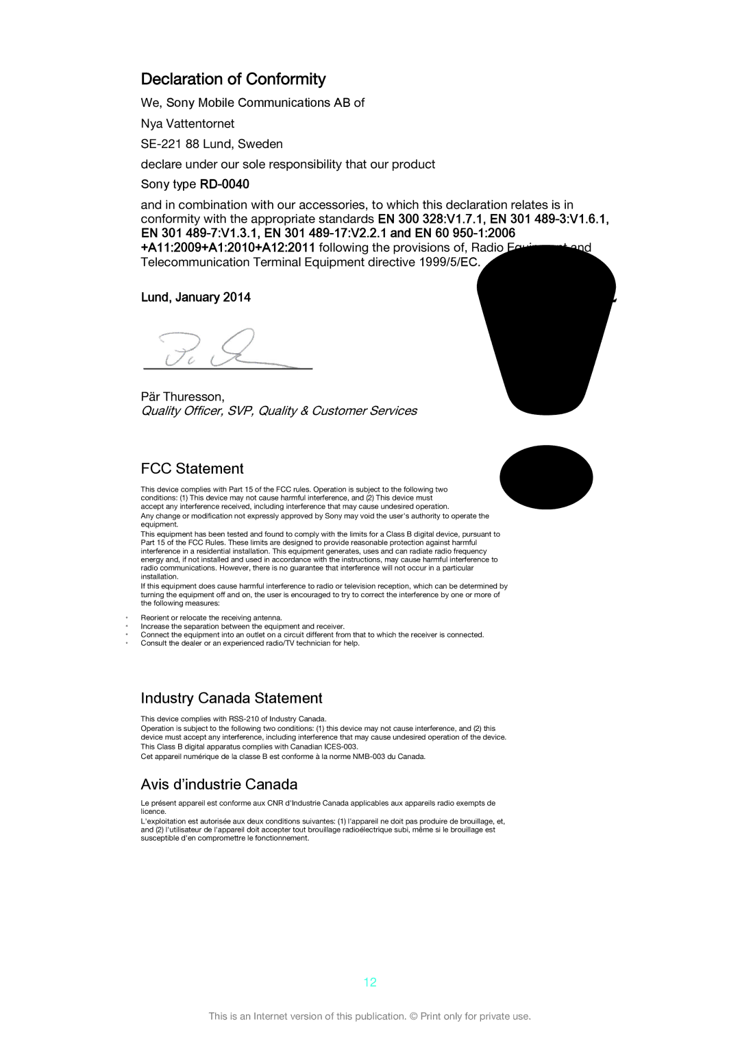 Sony SBH80 manual Declaration of Conformity, FCC Statement 