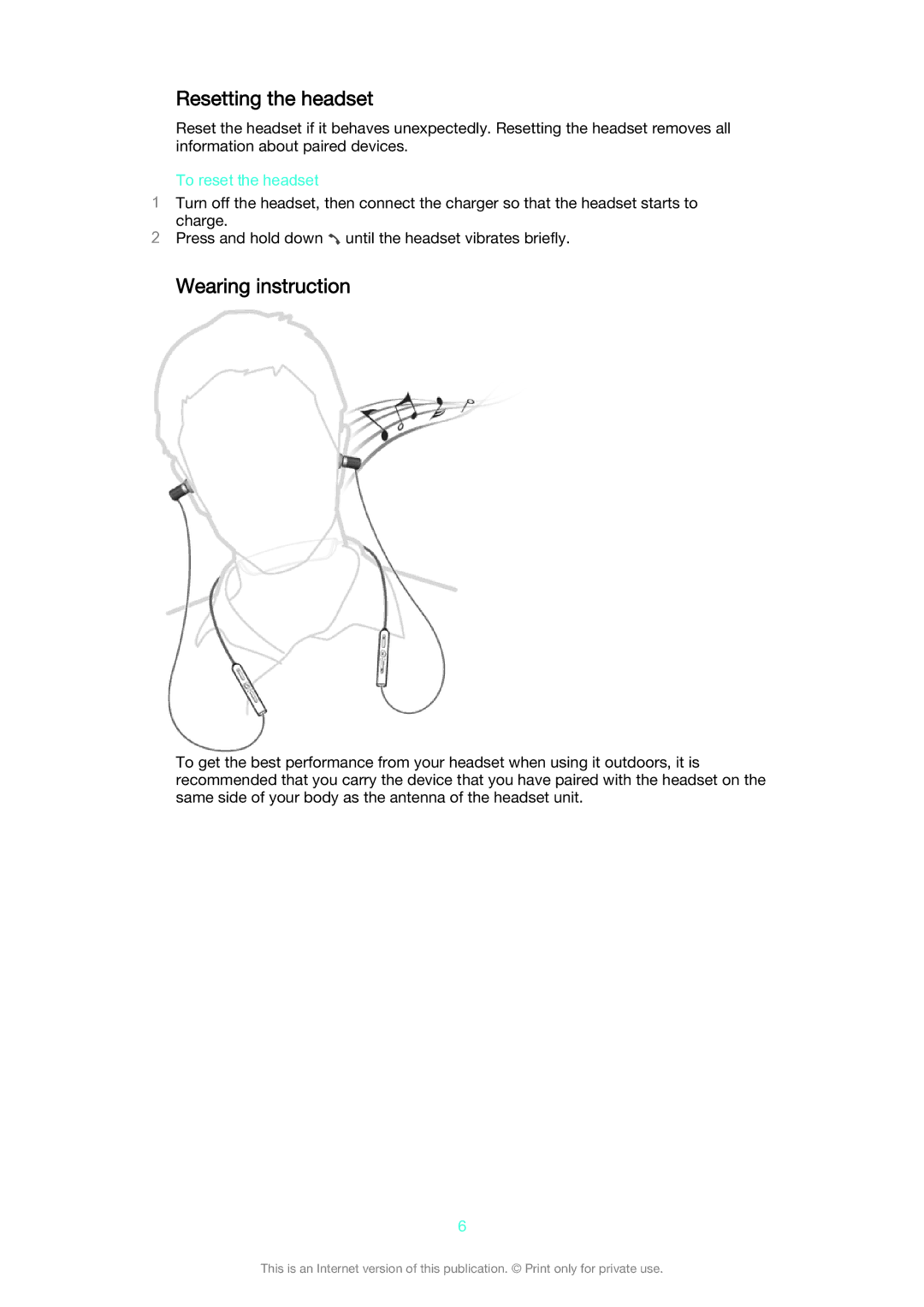 Sony SBH80 manual Resetting the headset, Wearing instruction, To reset the headset 