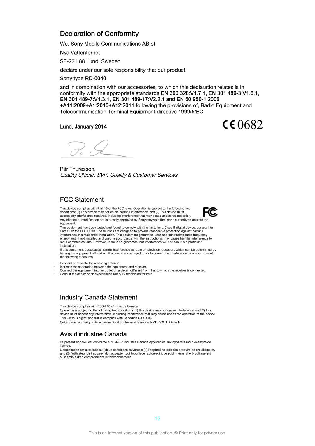 Sony SBH80 Declaration of Conformity, FCC Statement, Industry Canada Statement, Avis d’industrie Canada, Lund, January 
