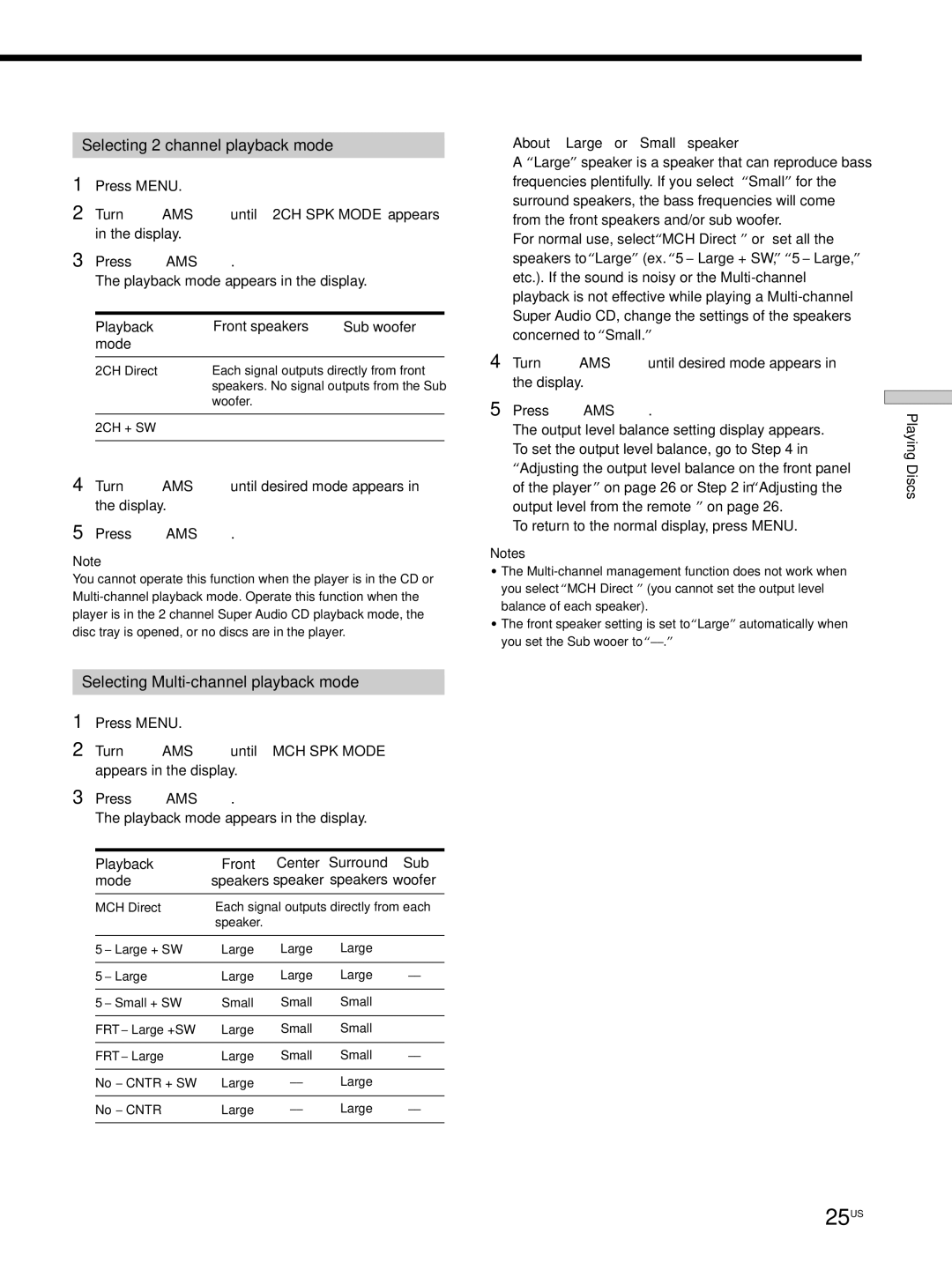 Sony SCD-C555ES manual 25US, Selecting 2 channel playback mode, Selecting Multi-channel playback mode 