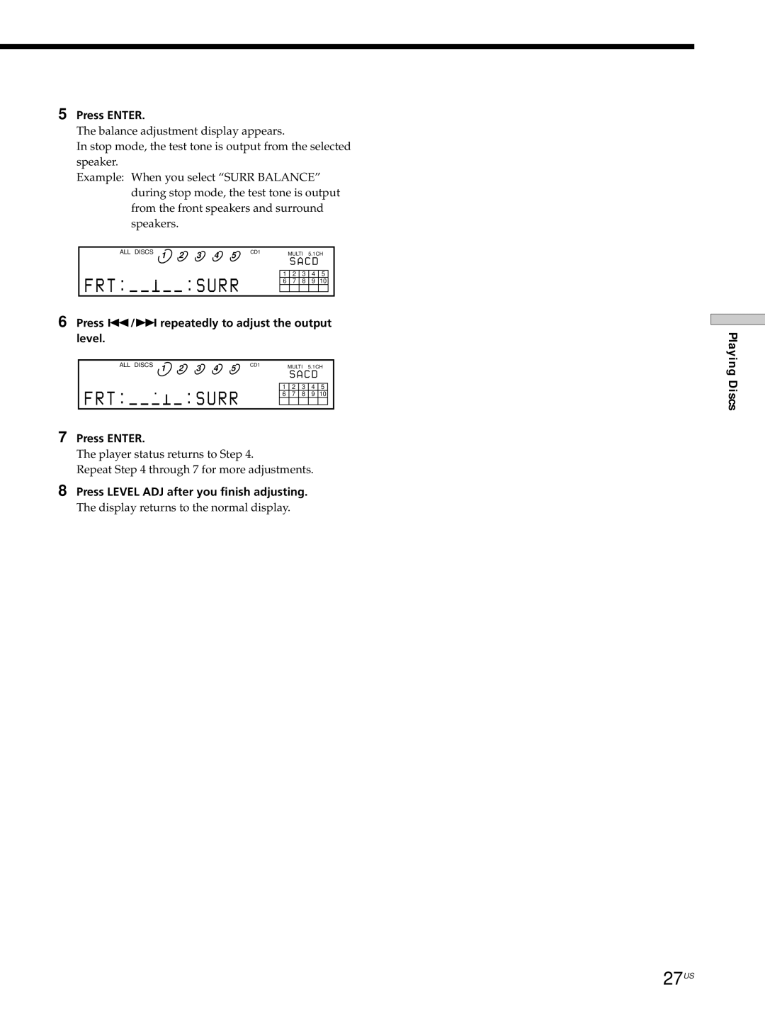 Sony SCD-C555ES manual 27US, Press ./repeatedly to adjust the output level, Press Level ADJ after you finish adjusting 