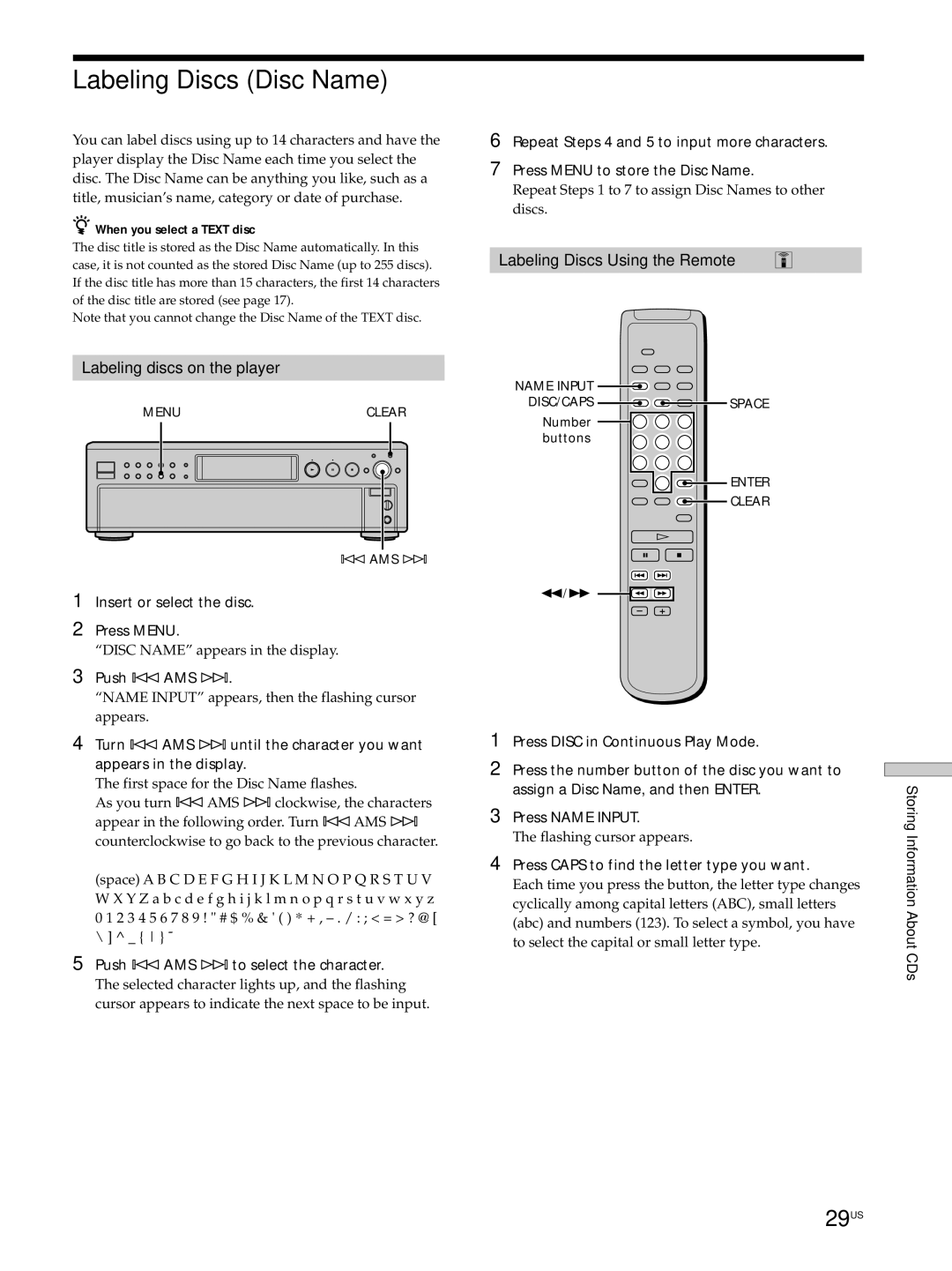 Sony SCD-C555ES manual Labeling Discs Disc Name, 29US 